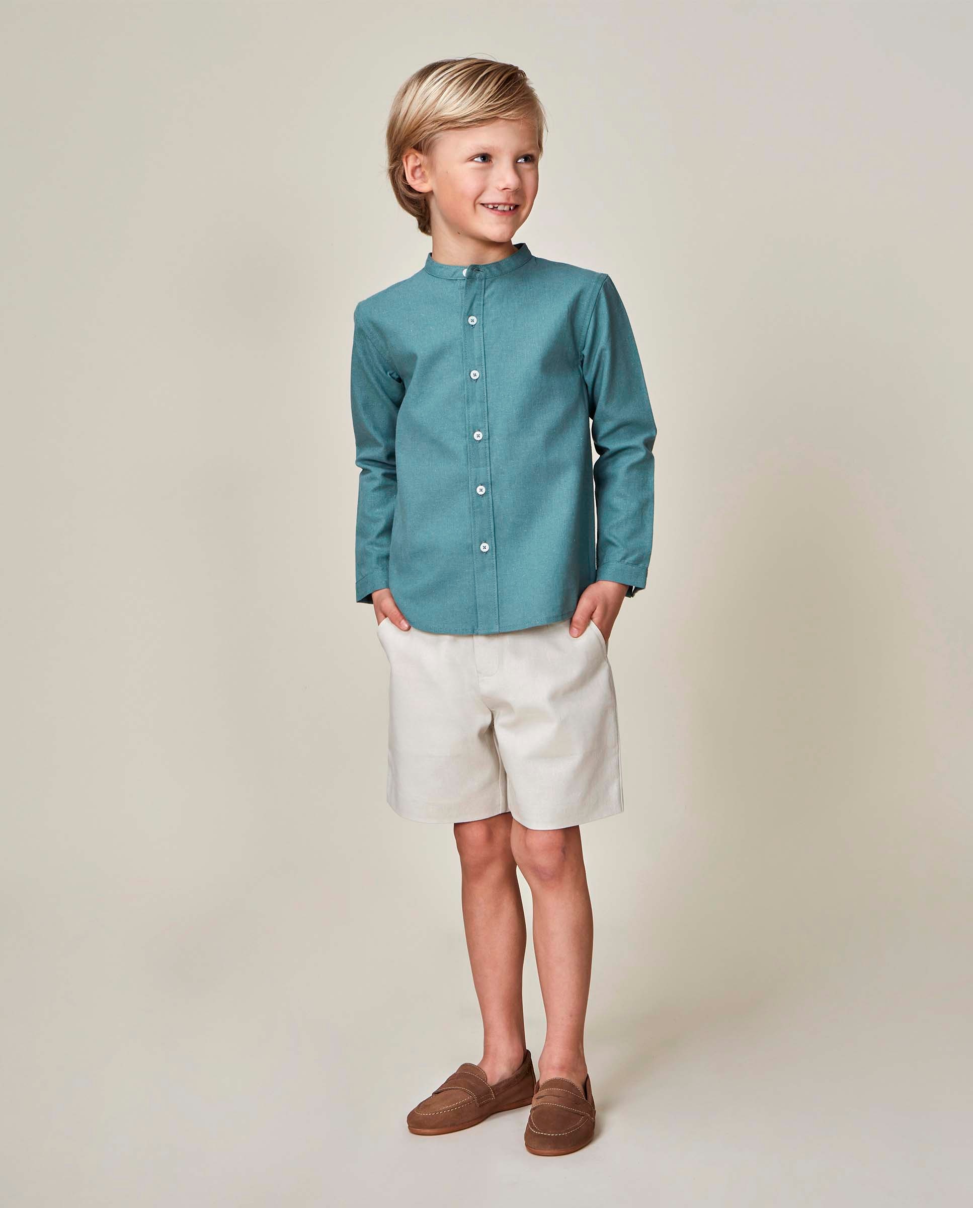 Camisa Infantil de Gola À Padre Lisa de Linho Verde-2