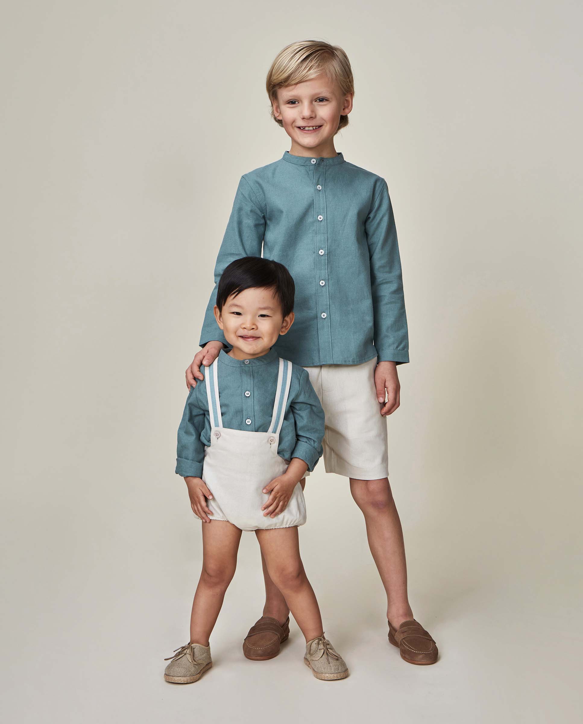 Camisa Infantil de Gola À Padre Lisa de Linho Verde-7