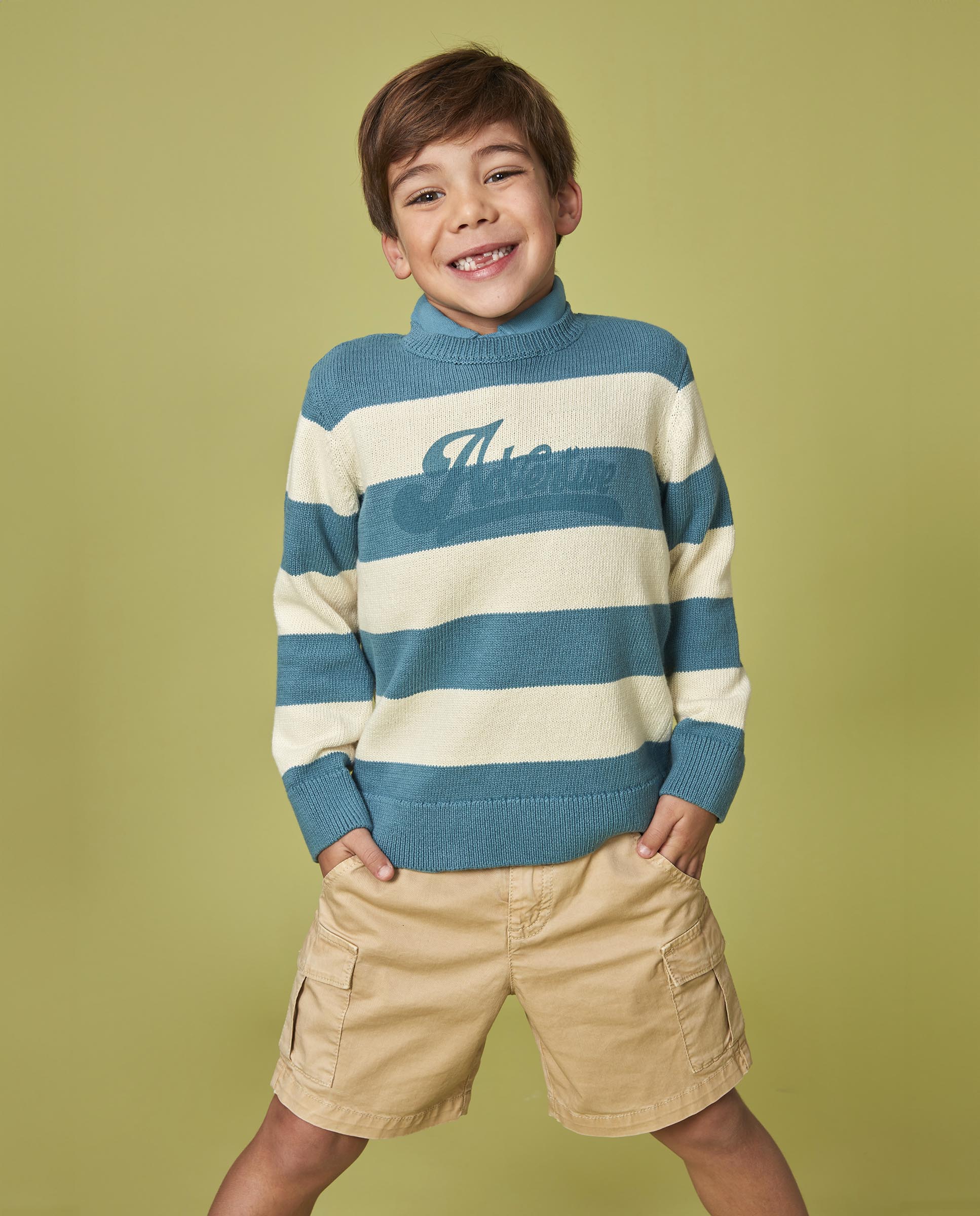 Camisola Infantil Às Riscas com Gráfico Gocco Azul denim-5