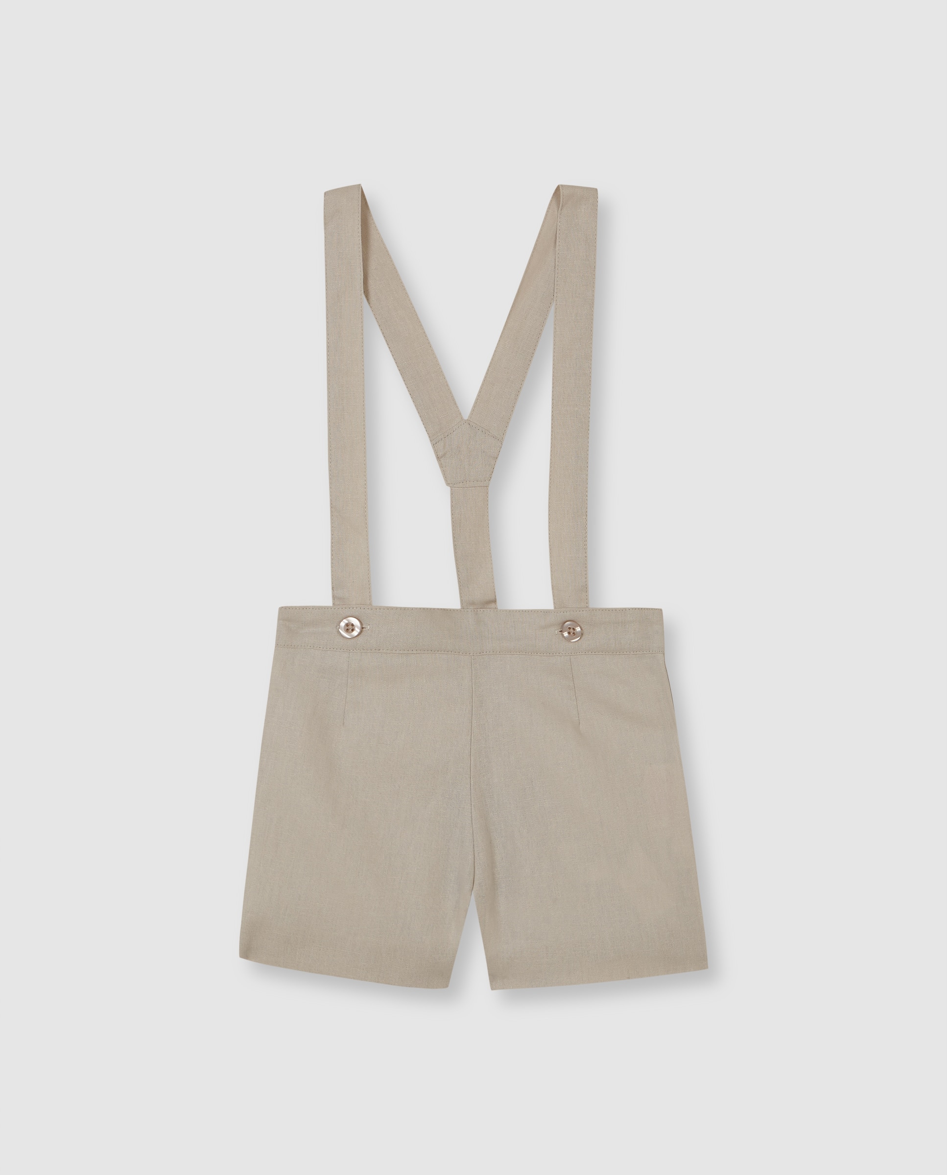 Calças Curtas Infantil de Linho com Alças Bege-3