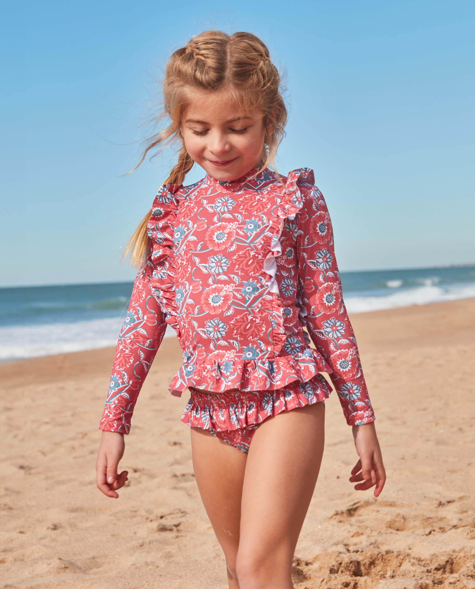 T-shirt de Banho Infantil com Proteção Solar Flores Rosa-5