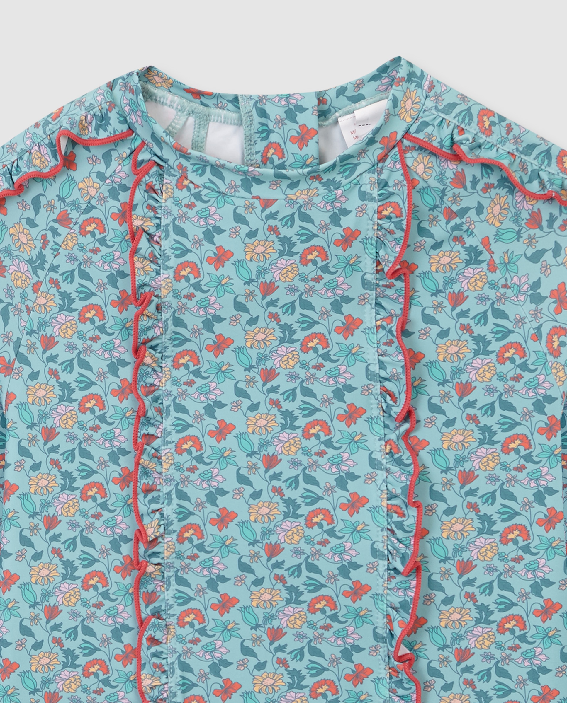 T-shirt de Banho Infantil com Proteção Solar e Estampado de Flores Turquesa-3