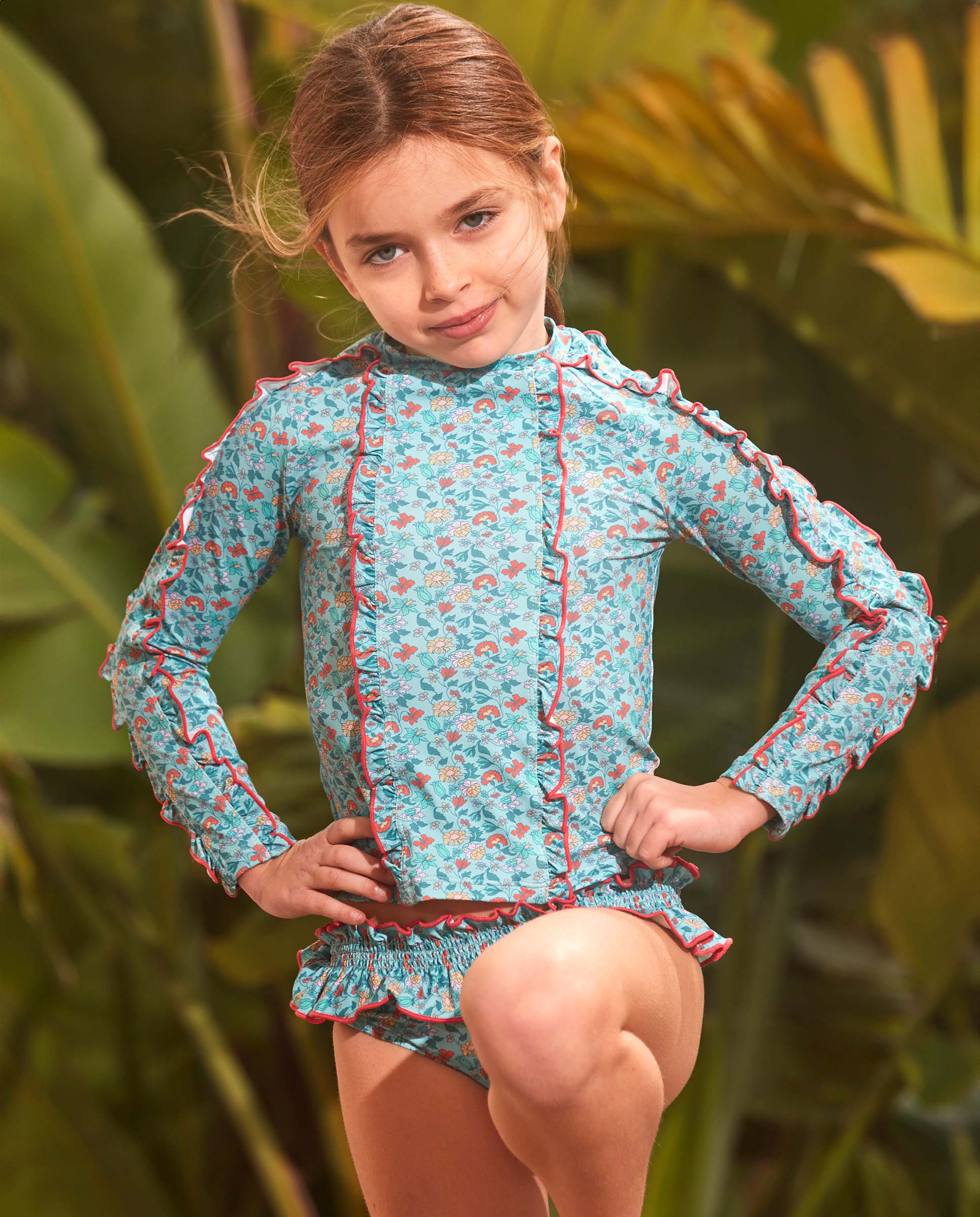 T-shirt de Banho Infantil com Proteção Solar e Estampado de Flores Gocco Turquesa-5