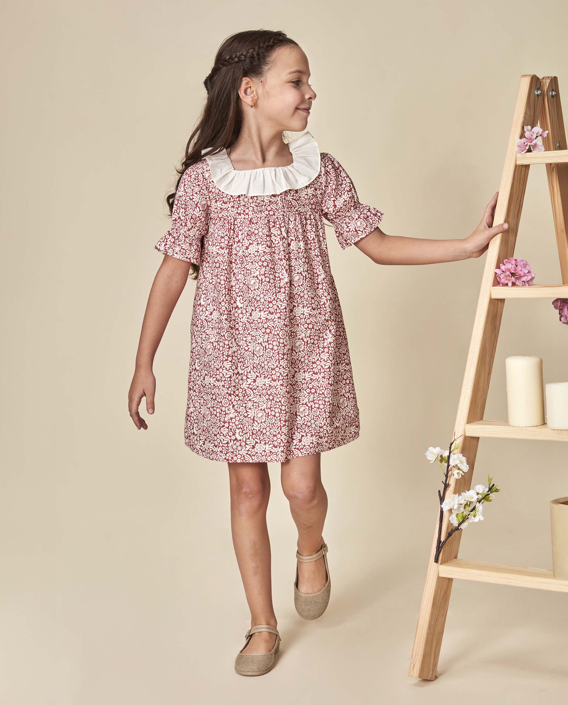 Vestido de Linho Infantil Estampado Gocco Rosa / Branco-2