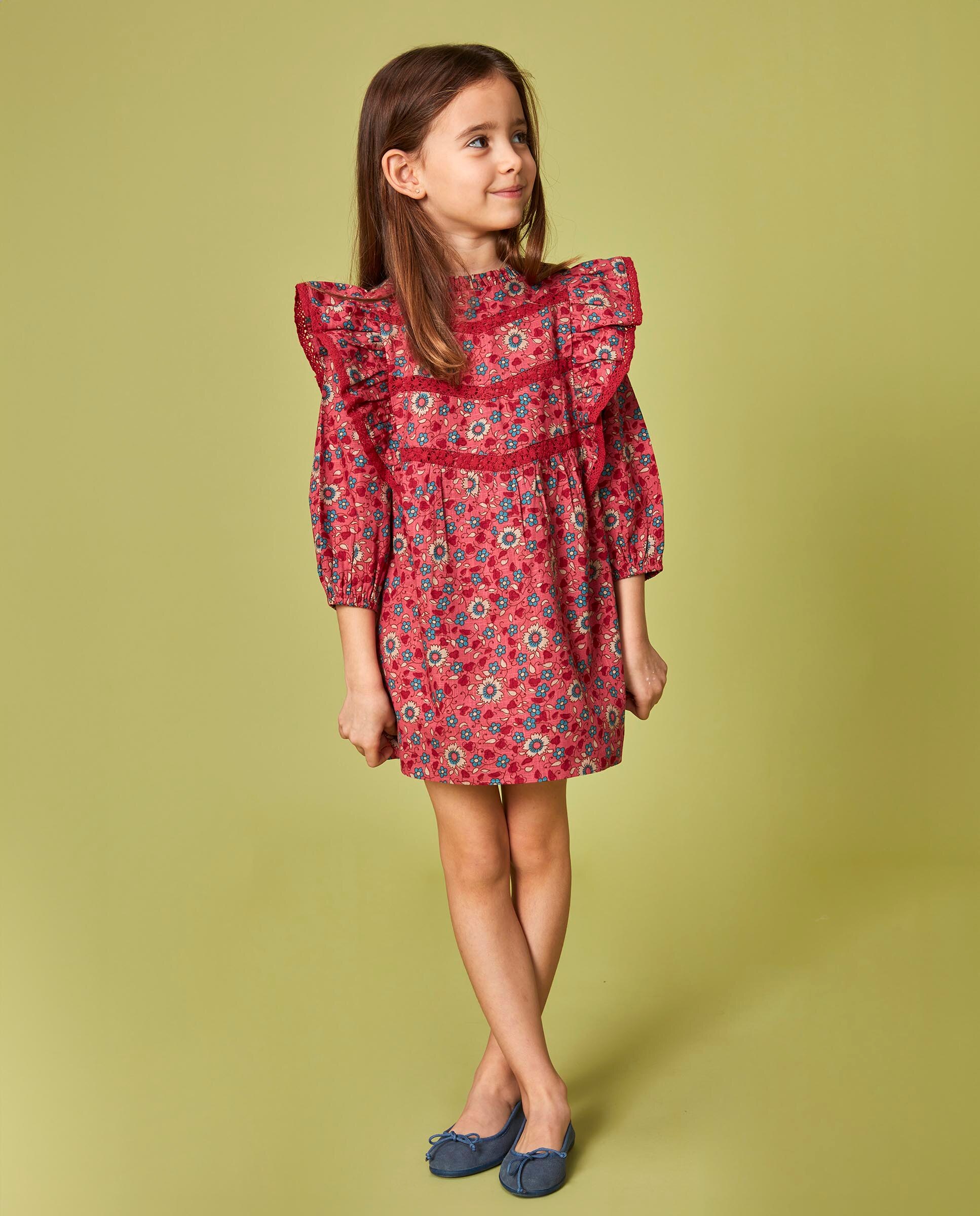 Vestido Infantil com Estampado de Flores com Folhos Gocco Coral-5