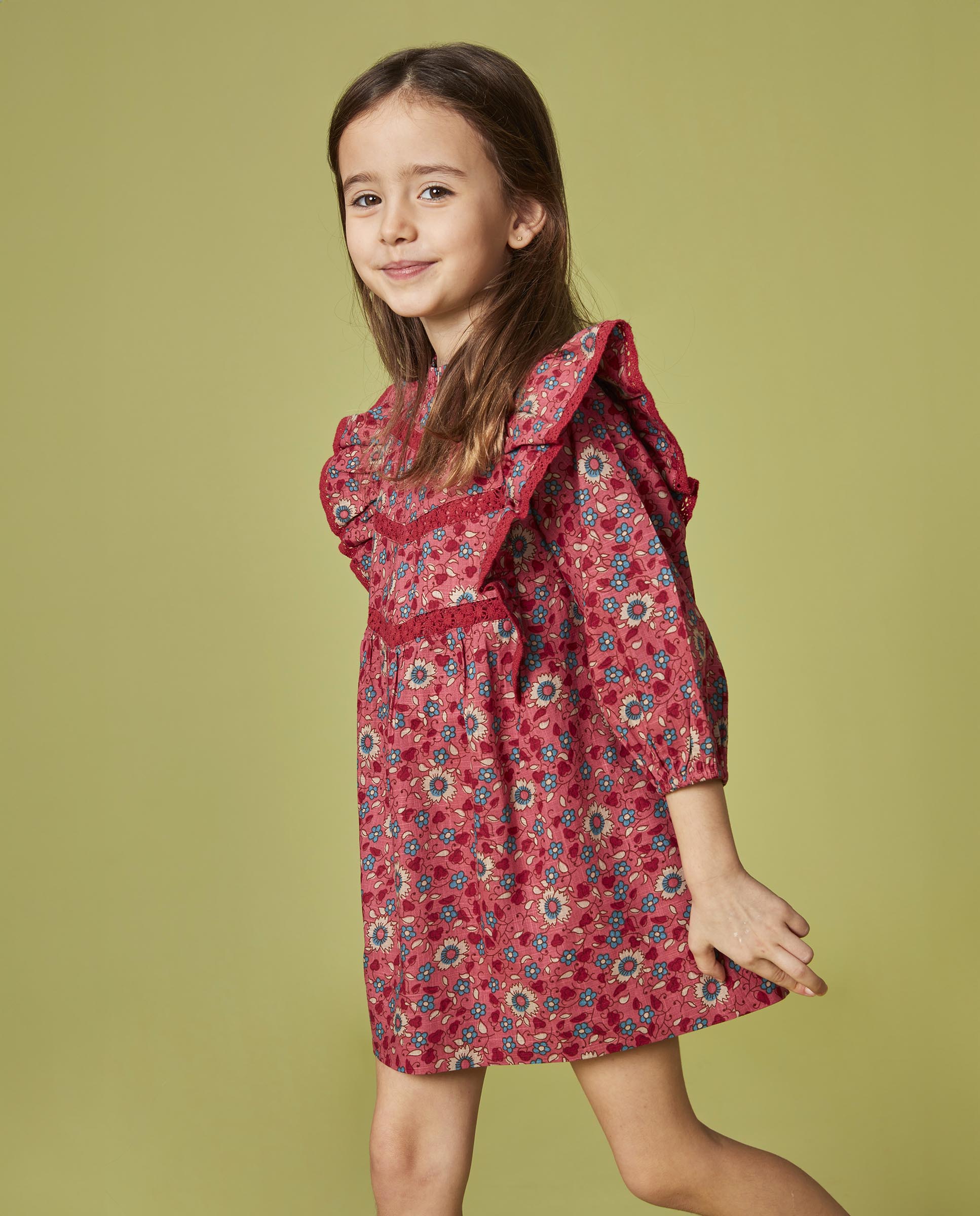 Vestido Infantil com Estampado de Flores com Folhos Gocco Coral-6
