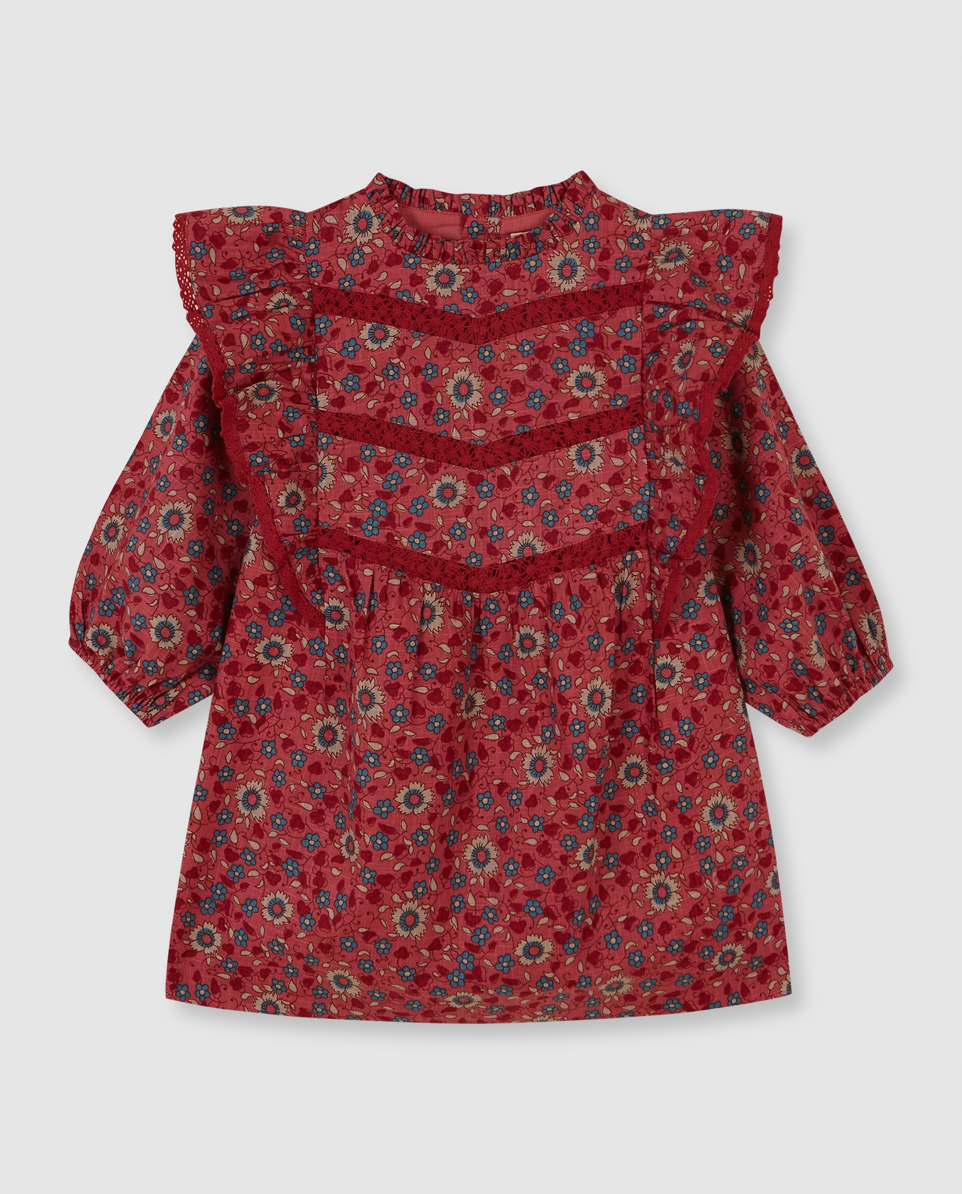 Vestido Infantil com Estampado de Flores com Folhos Gocco Coral-1