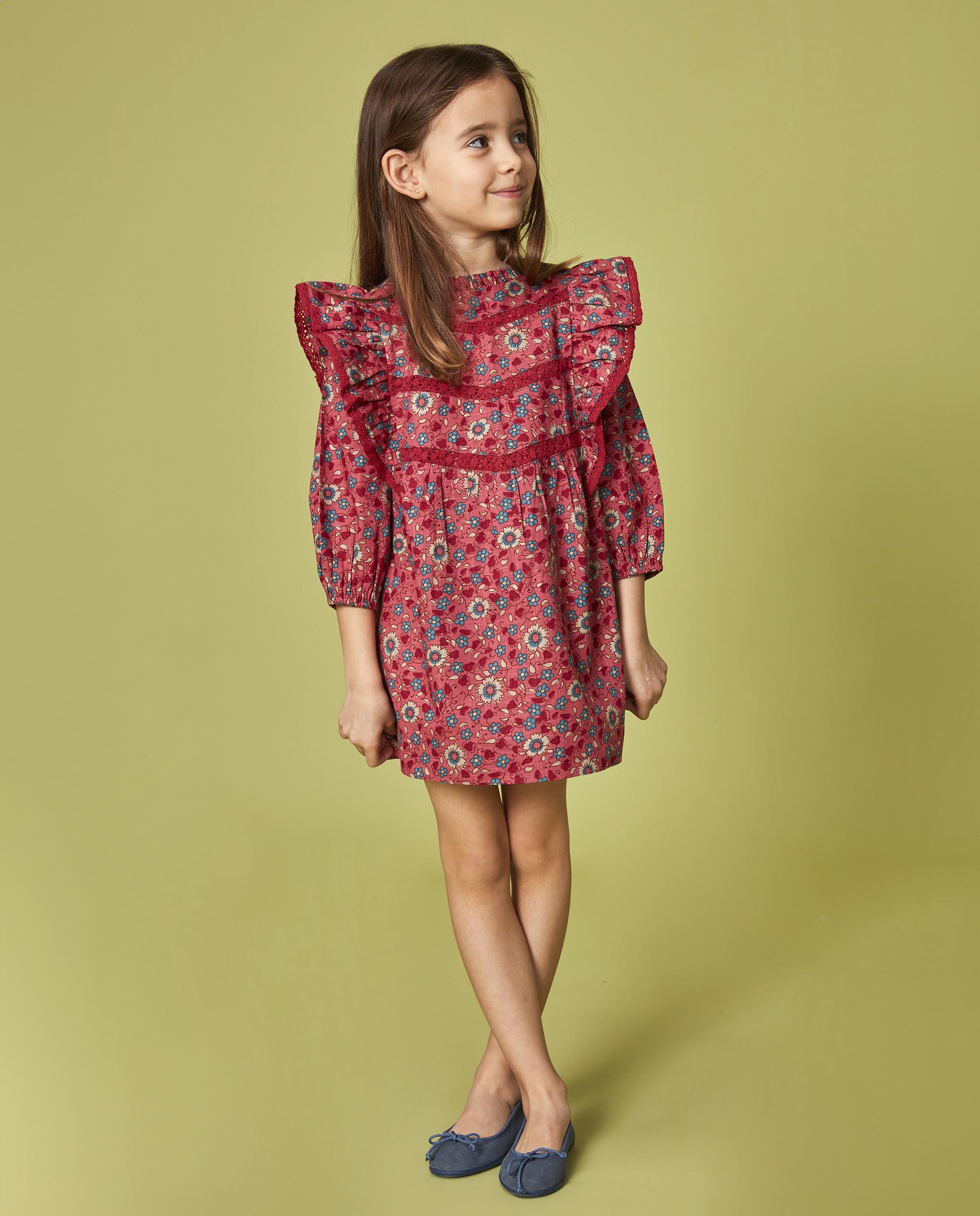 Vestido Infantil com Estampado de Flores com Folhos Gocco Coral-5