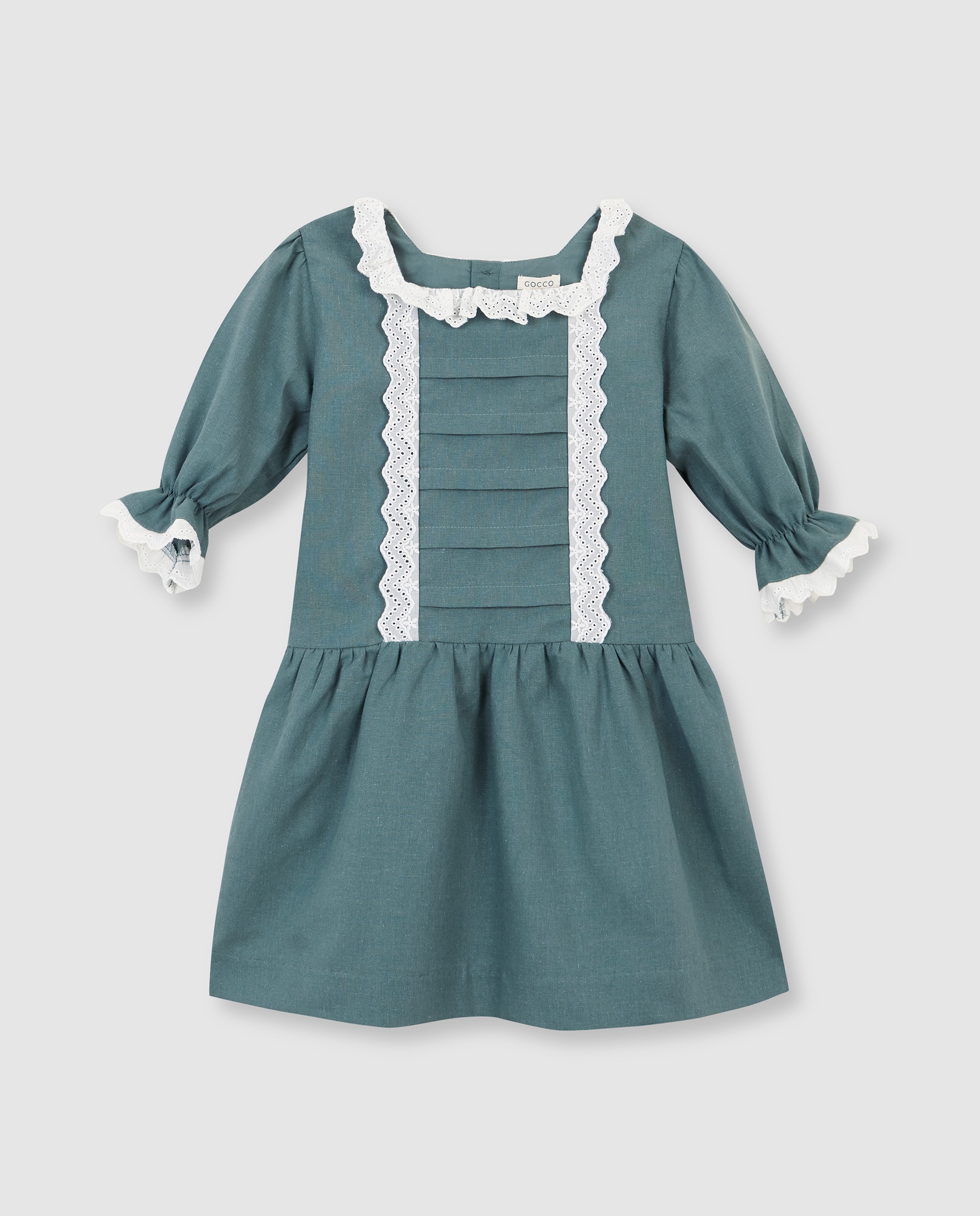 Vestido Infantil de Linho com Tiras Bordadas Verde-3