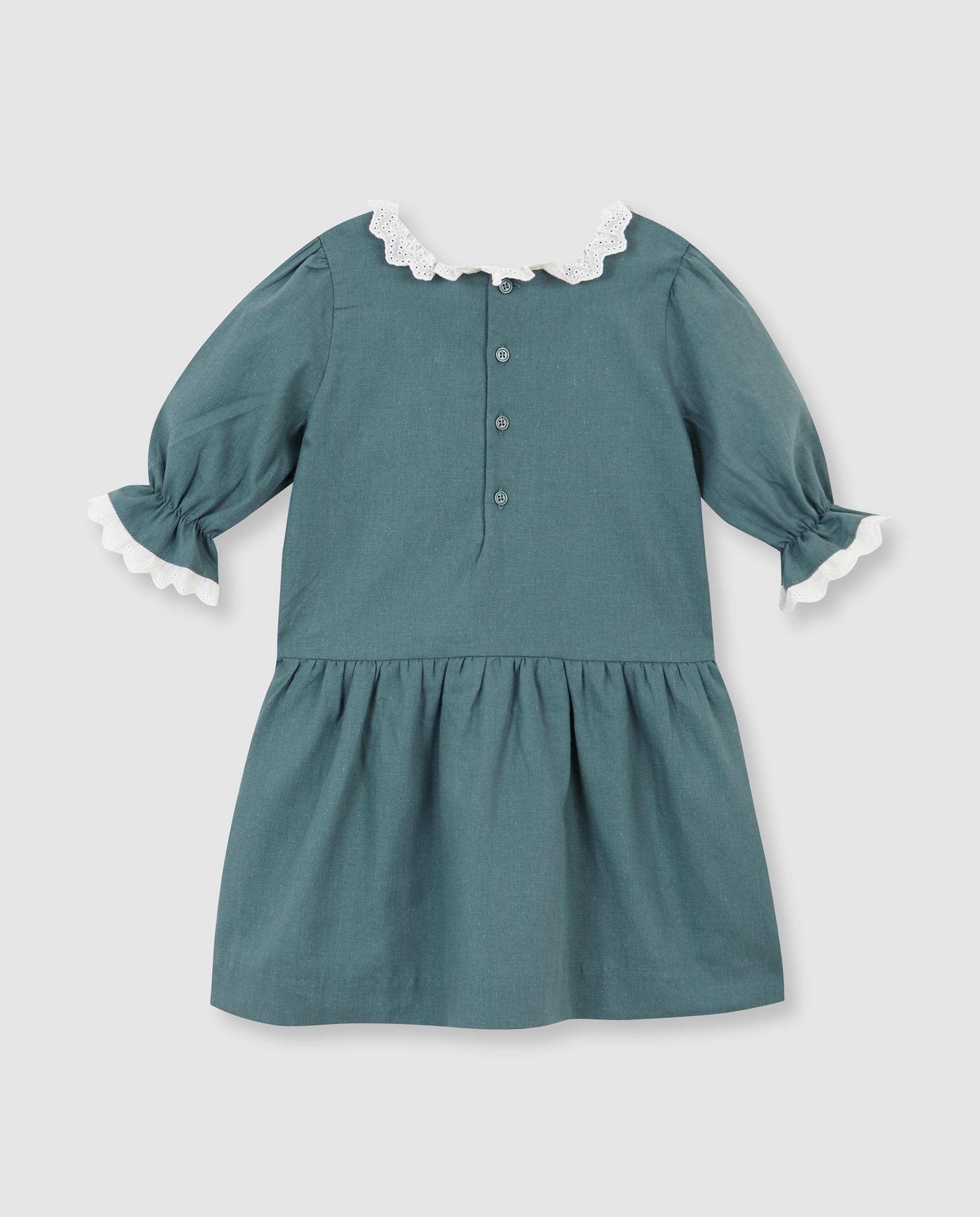 Vestido Infantil de Linho com Tiras Bordadas Verde-4