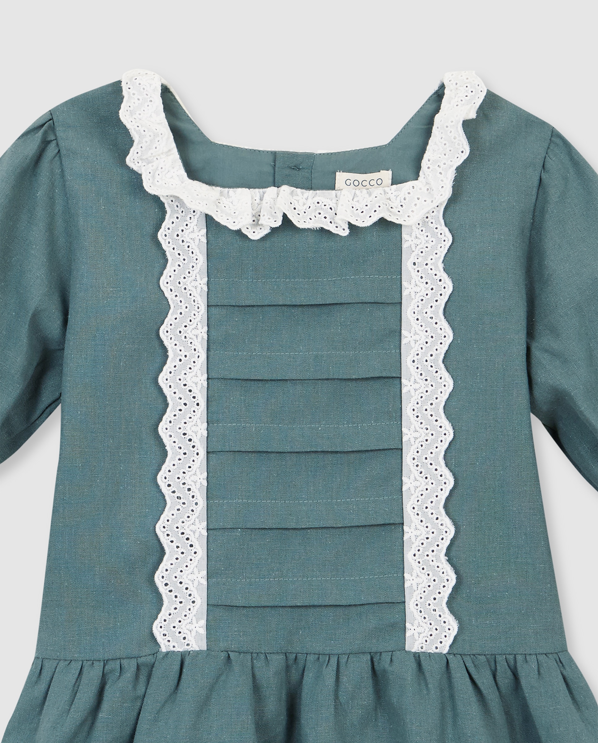 Vestido Infantil de Linho com Tiras Bordadas Verde-5