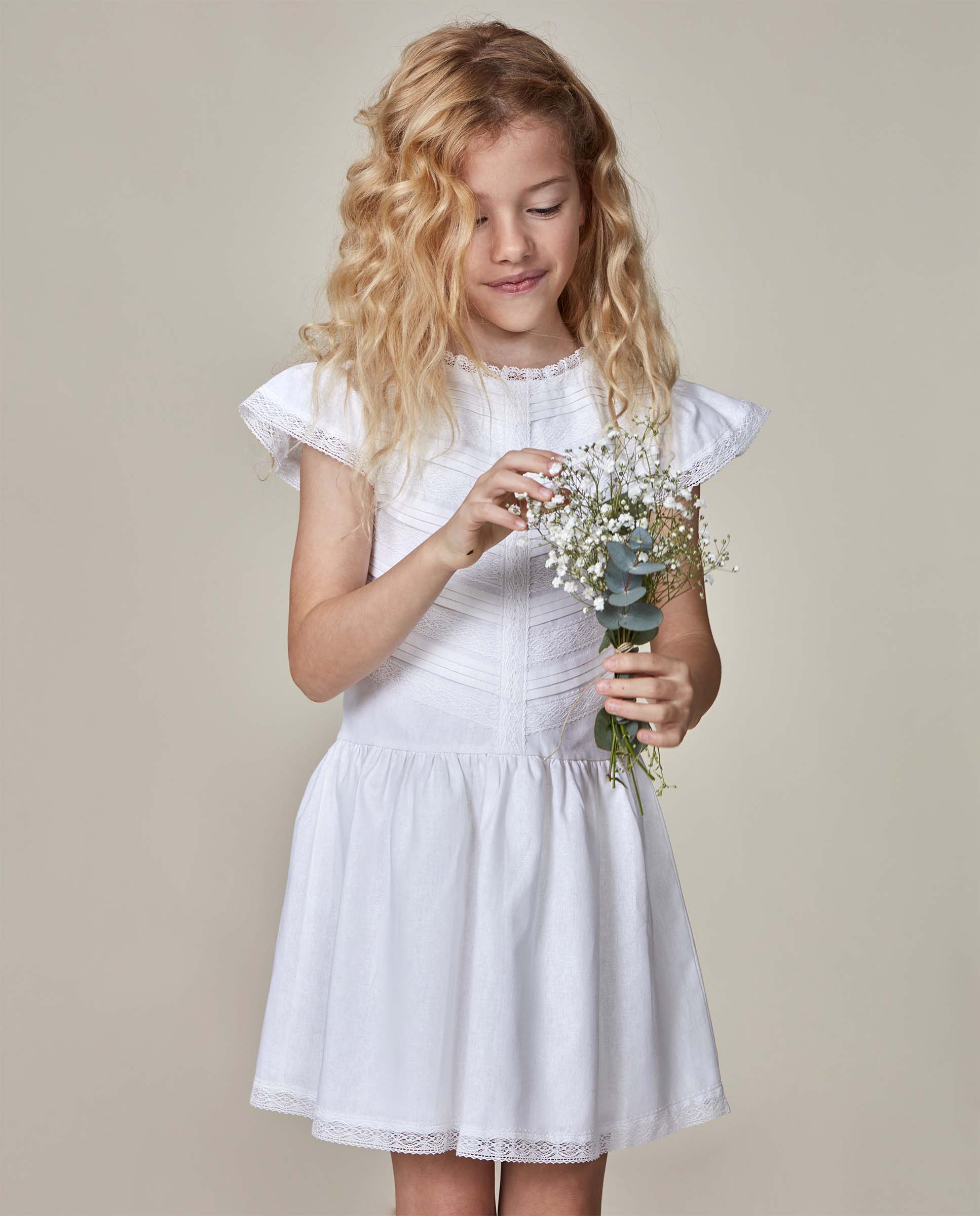 Vestido Infantil de Linho com Tiras Bordadas Gocco Branco-marfim-1