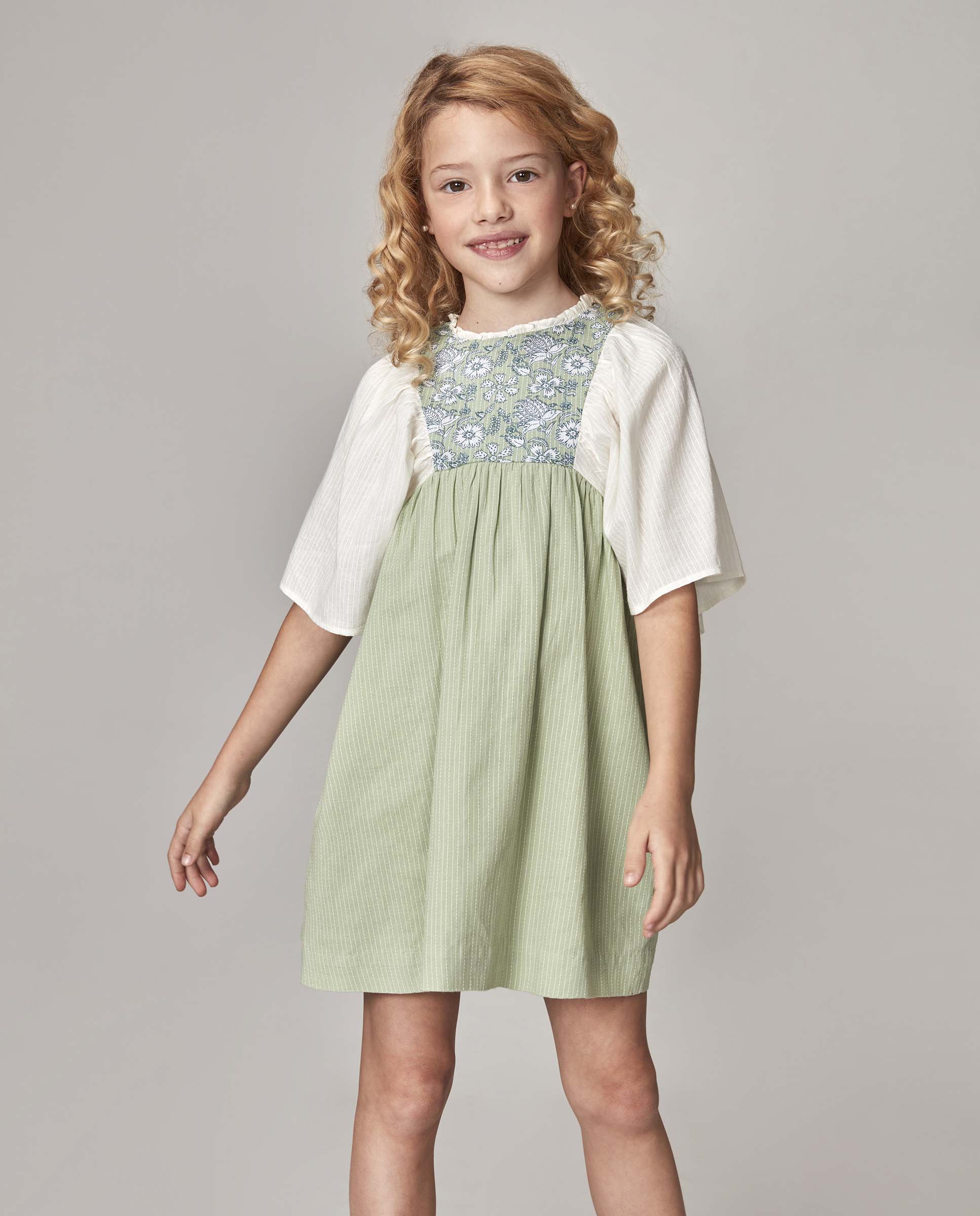 Vestido Infantil com Peitilho Estampado Branco / Verde-2