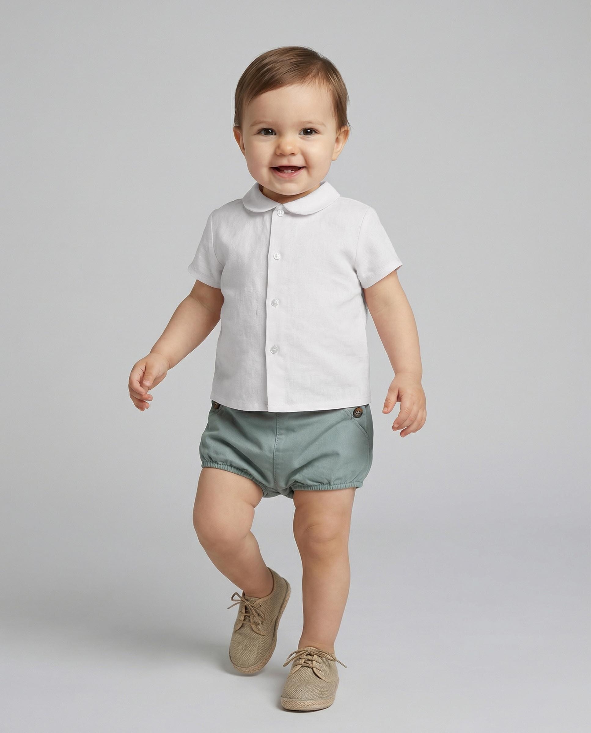 Camisa para Bebé com Manga Curta de Linho Gocco Branco-marfim-6