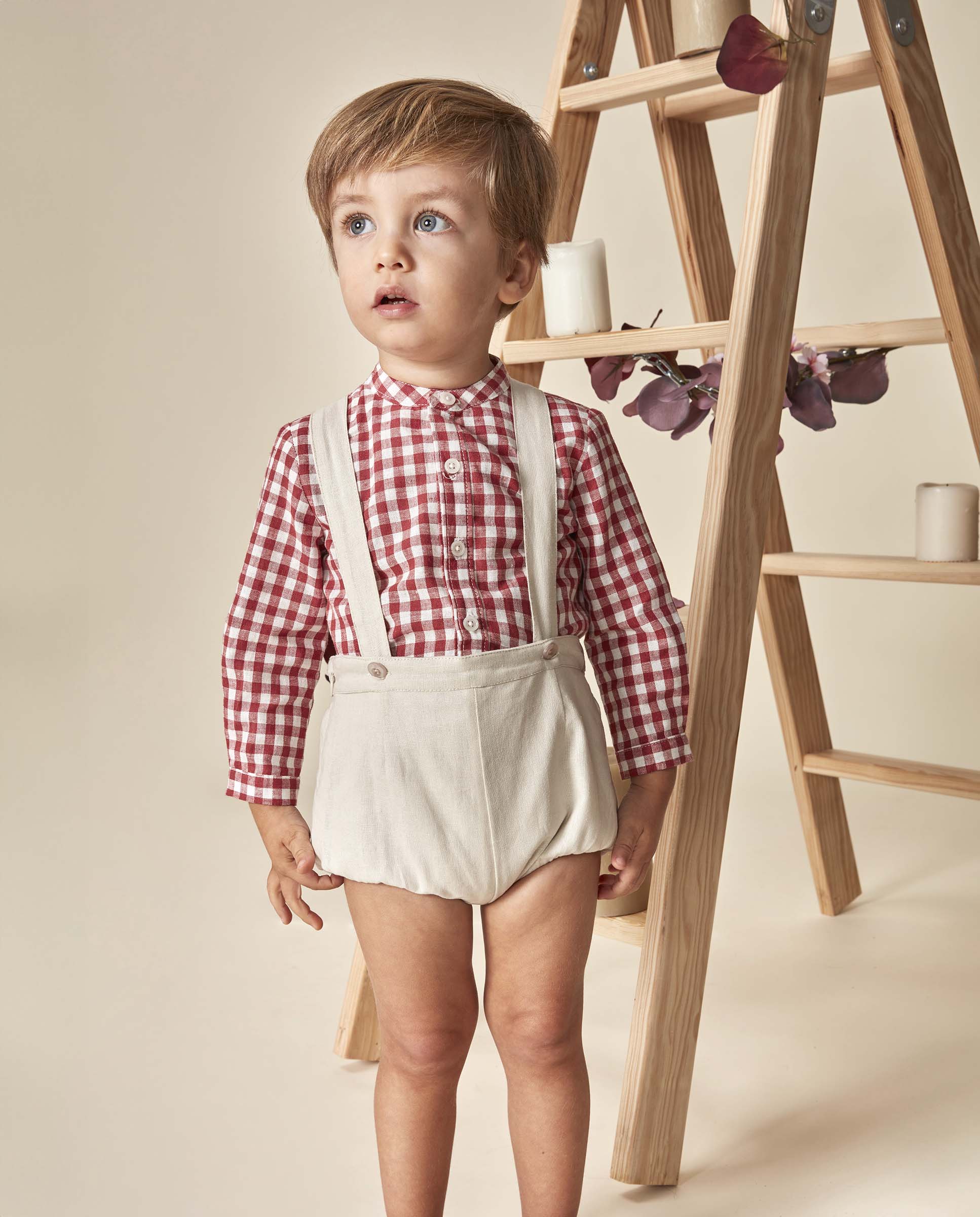 Camisa de Linho para Bebé Gola À Padre Aos Quadrados Gocco Rosa-2