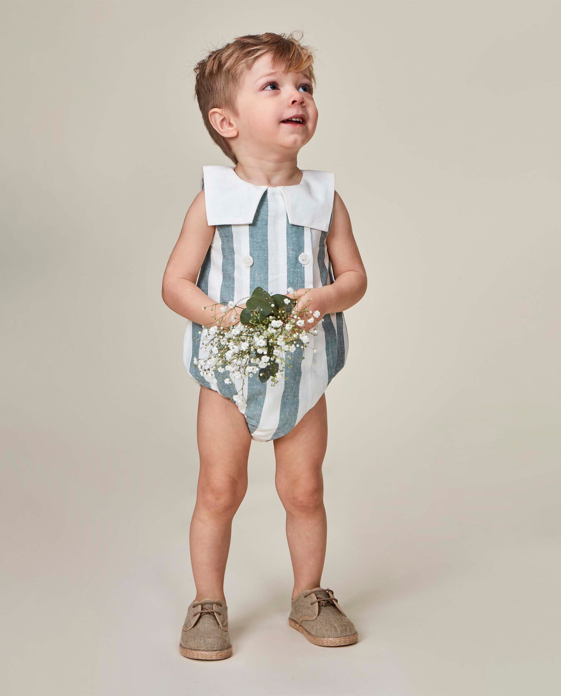 Imagem 0 de Macacão Curto para Bebé de Linho Às Riscas com Gola Grande