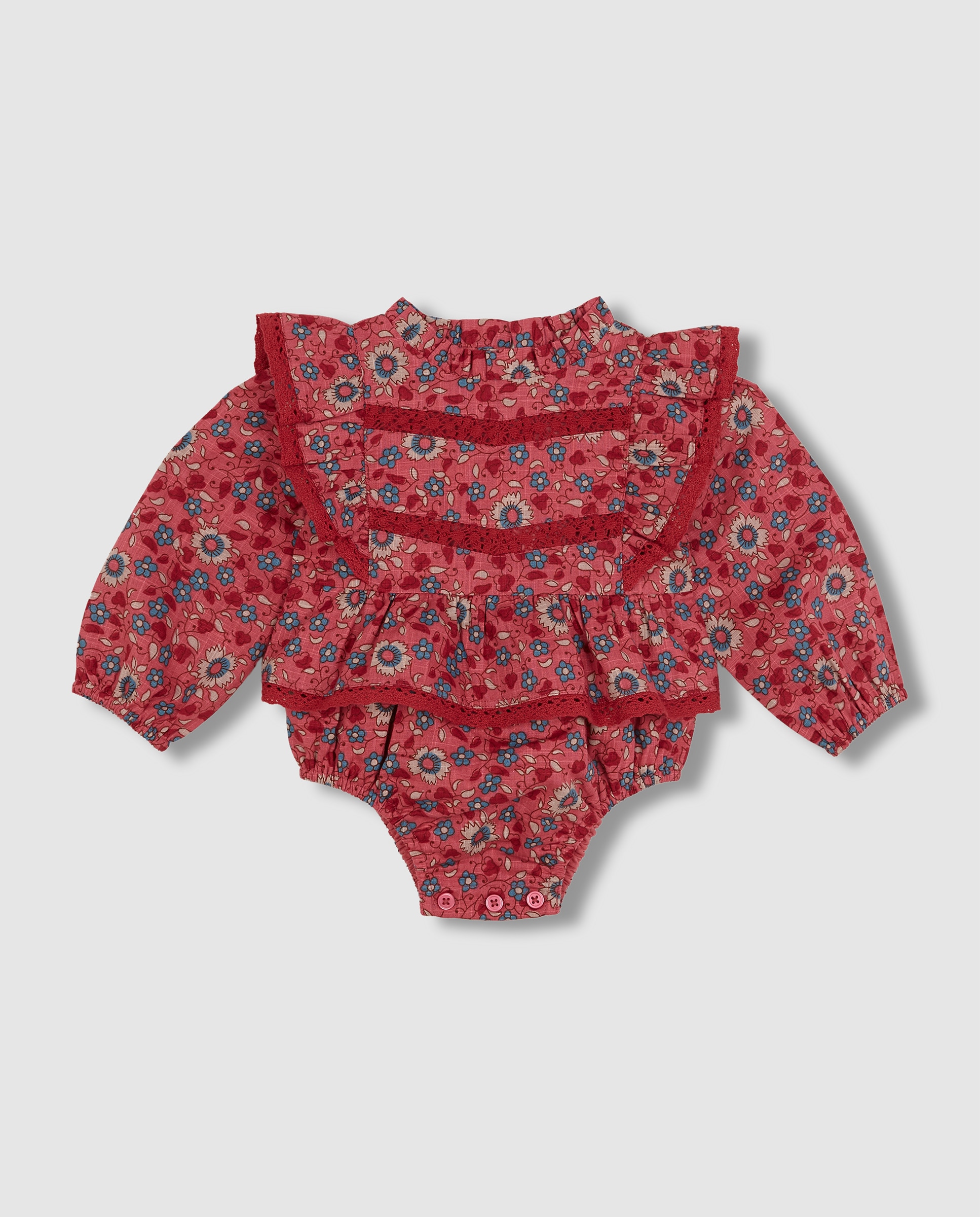 Macacão Curto para Bebé Estampado de Flores com Folhos Coral-1