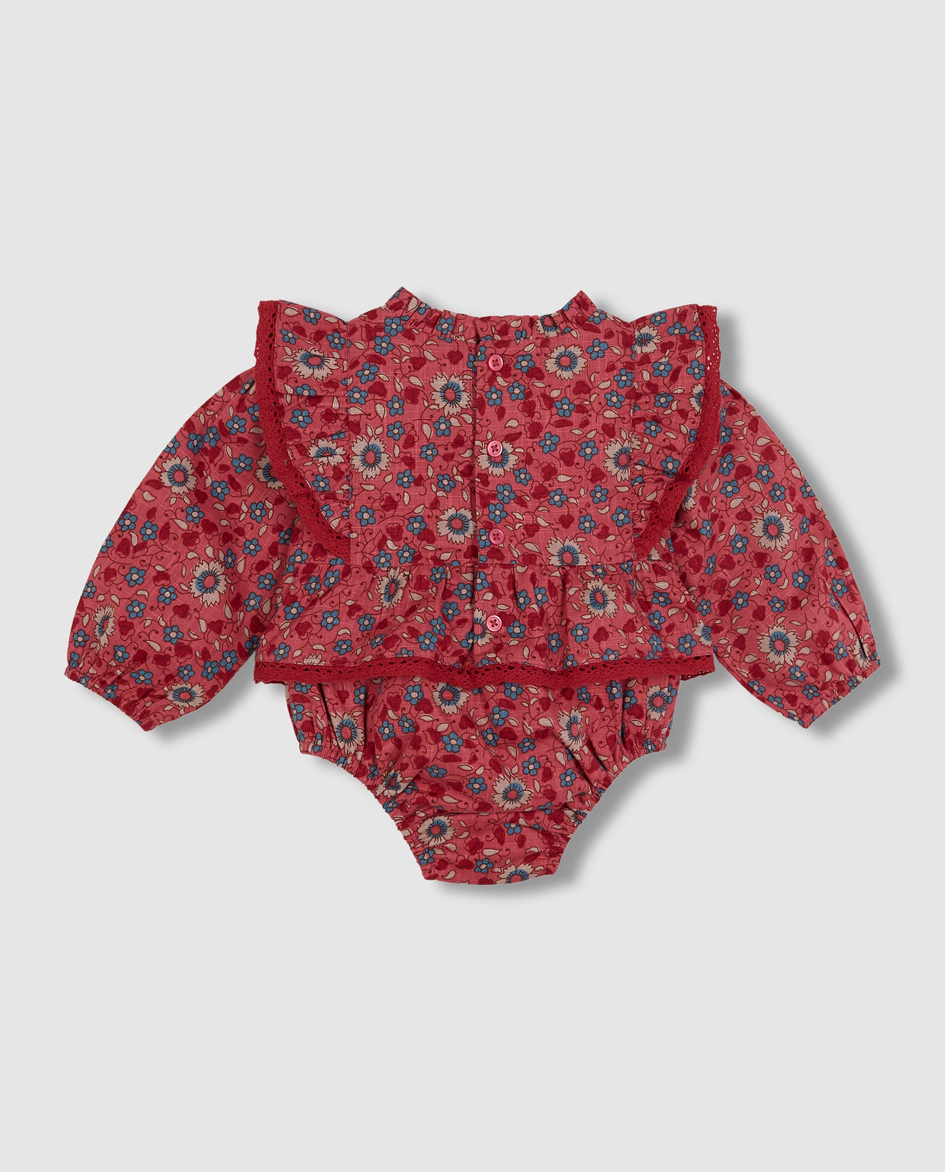 Macacão Curto para Bebé Estampado de Flores com Folhos Coral-2