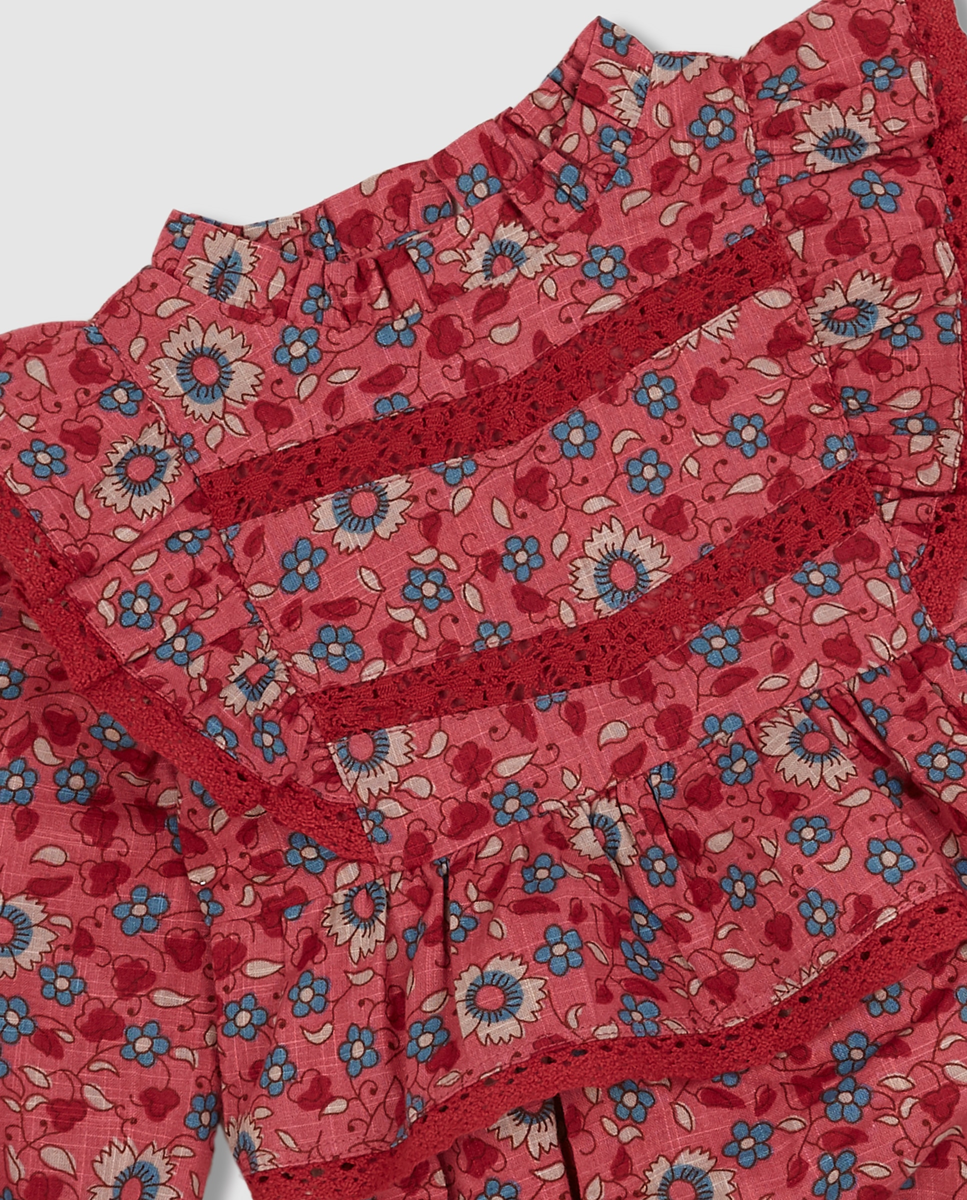 Macacão Curto para Bebé Estampado de Flores com Folhos Coral-3