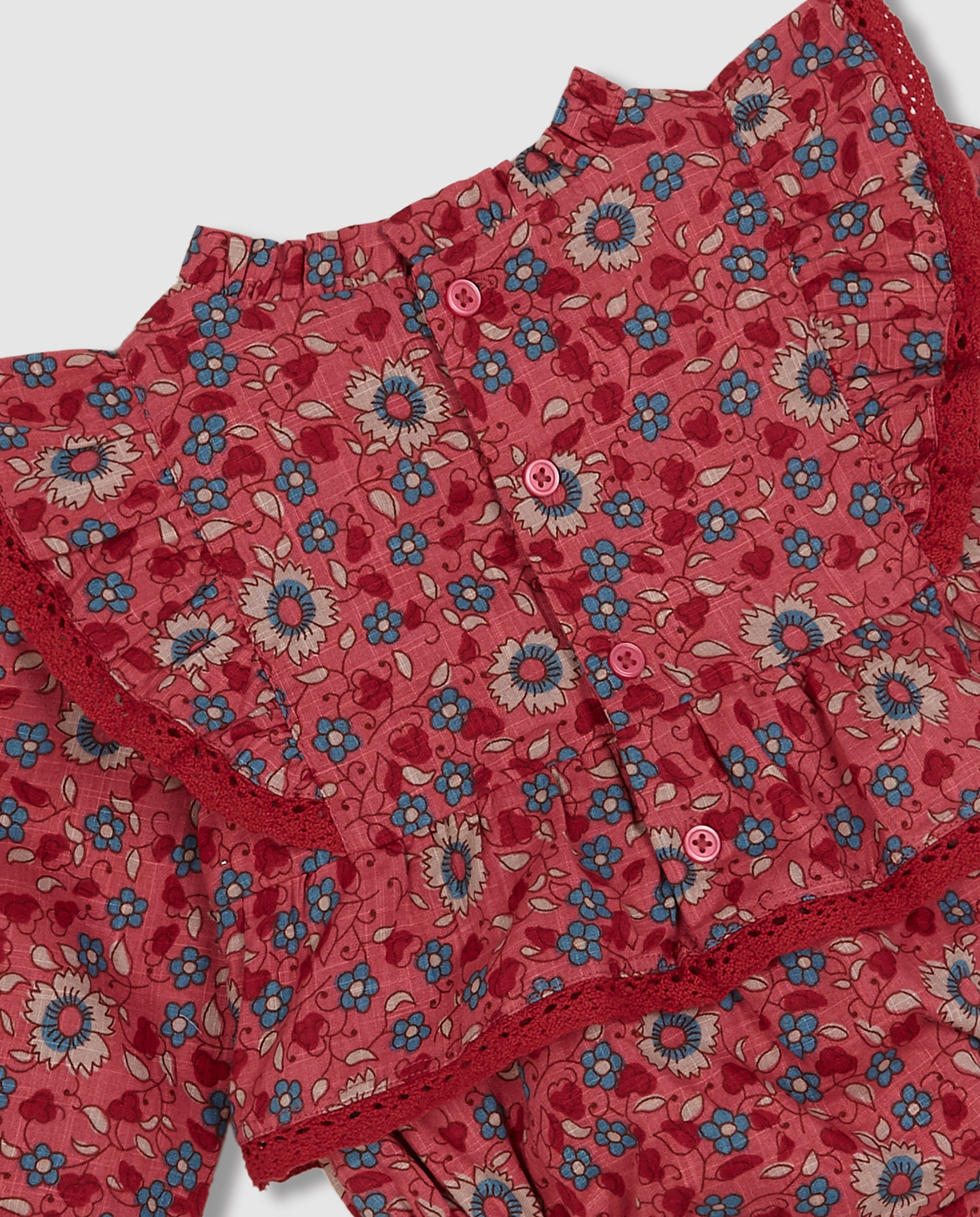 Macacão Curto para Bebé Estampado de Flores com Folhos Coral-4