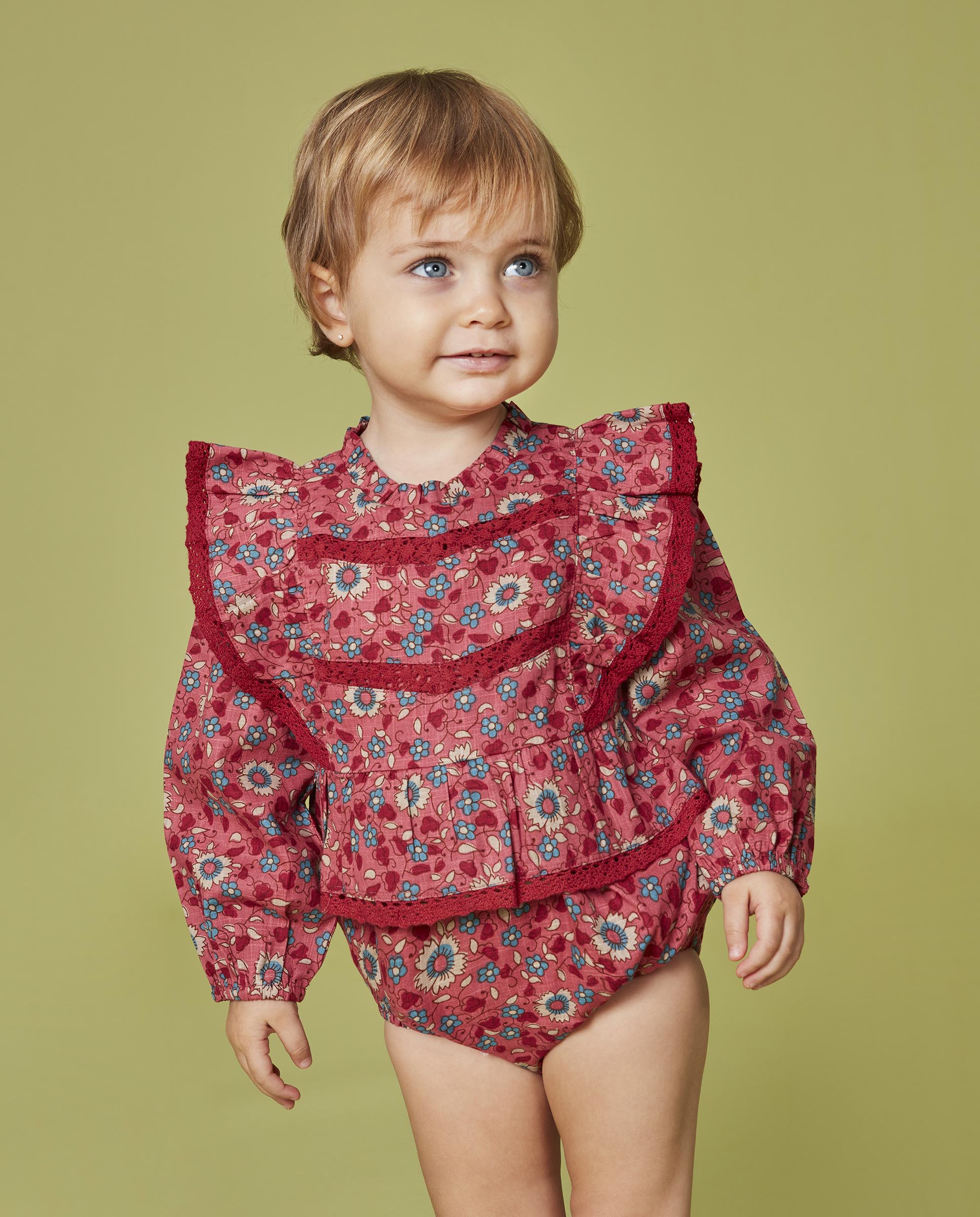Macacão Curto para Bebé Estampado de Flores com Folhos Coral-5