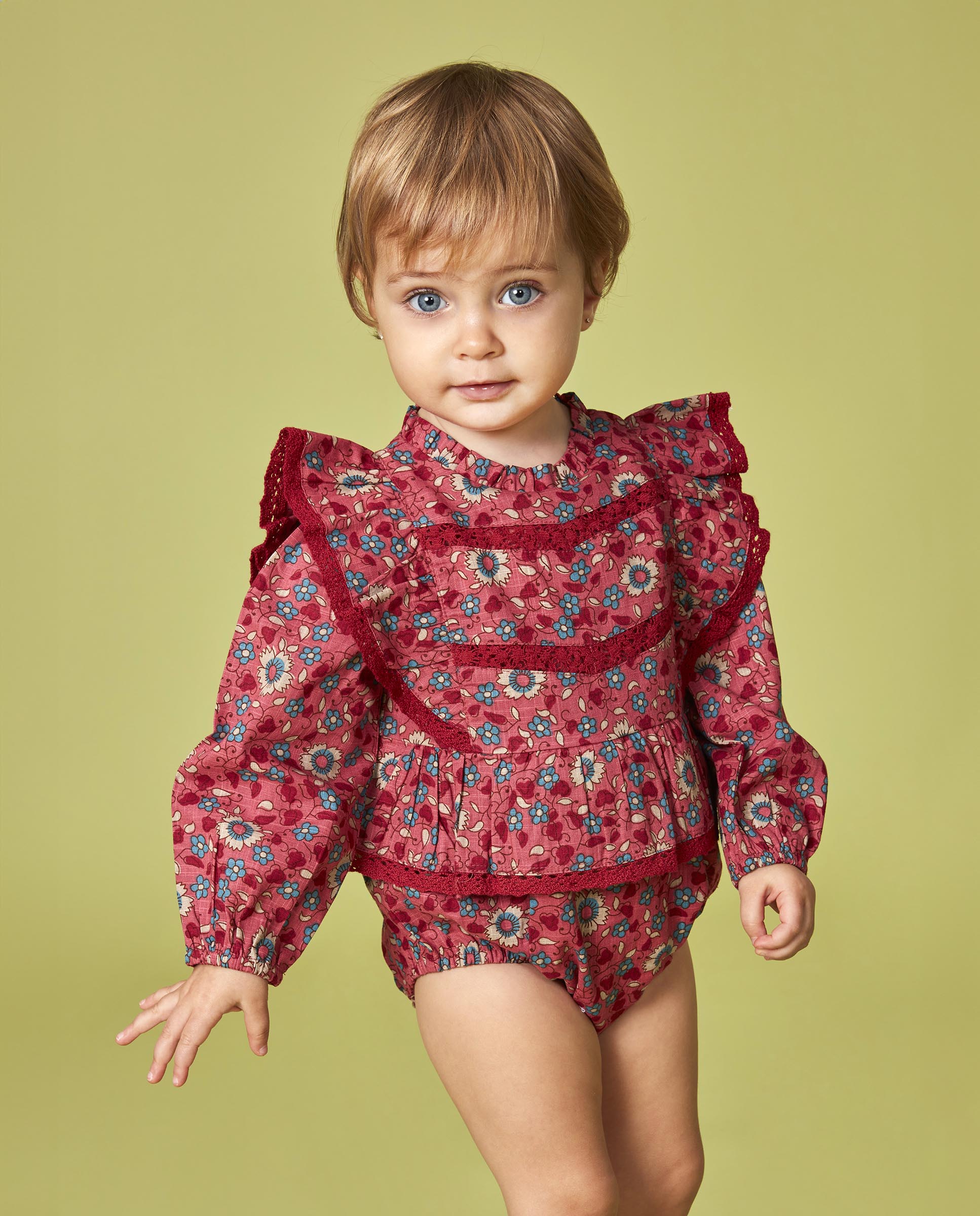 Macacão Curto para Bebé Estampado de Flores com Folhos Coral-6