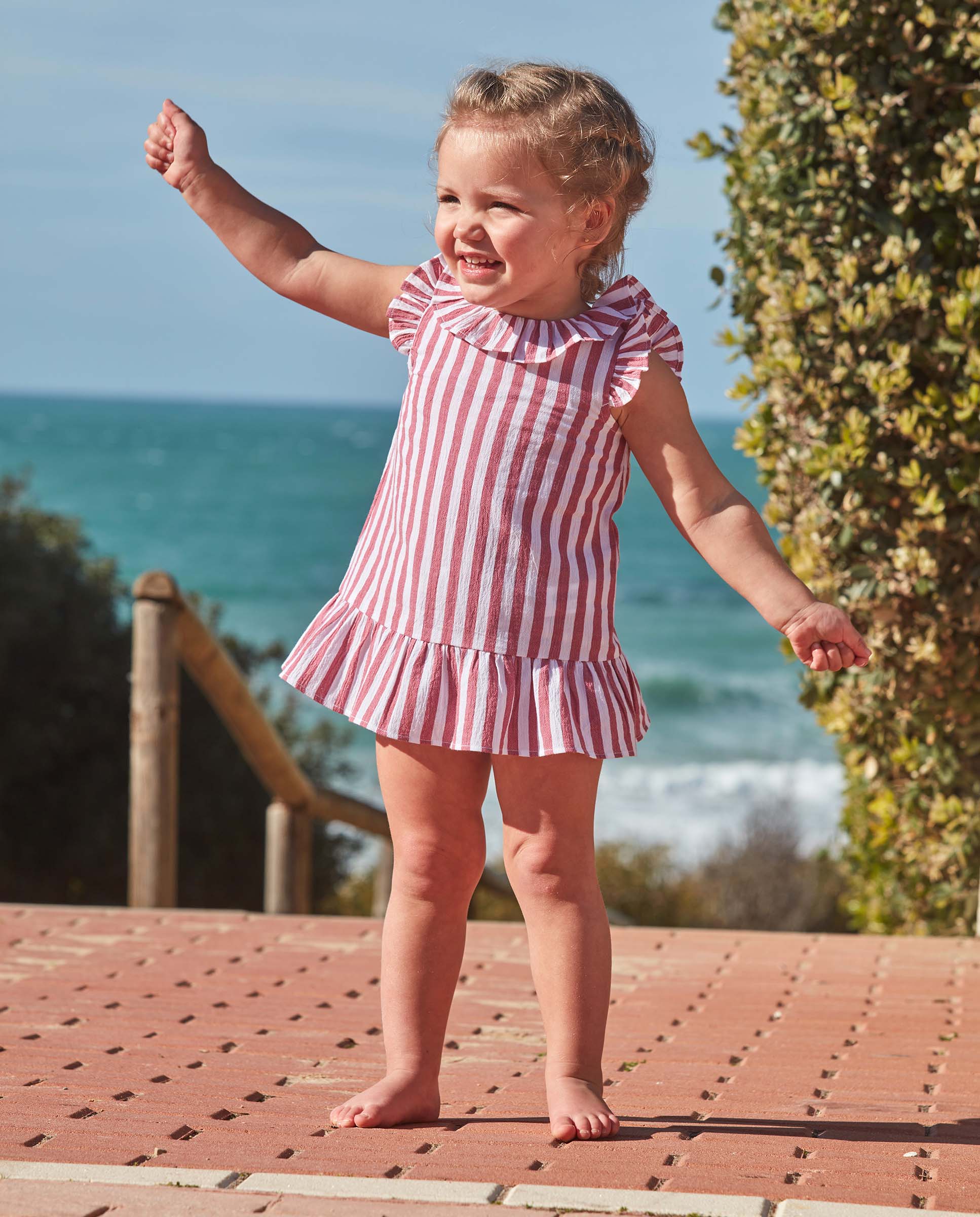 Vestido para Bebé de Bambula Às Riscas Gocco Branco-5