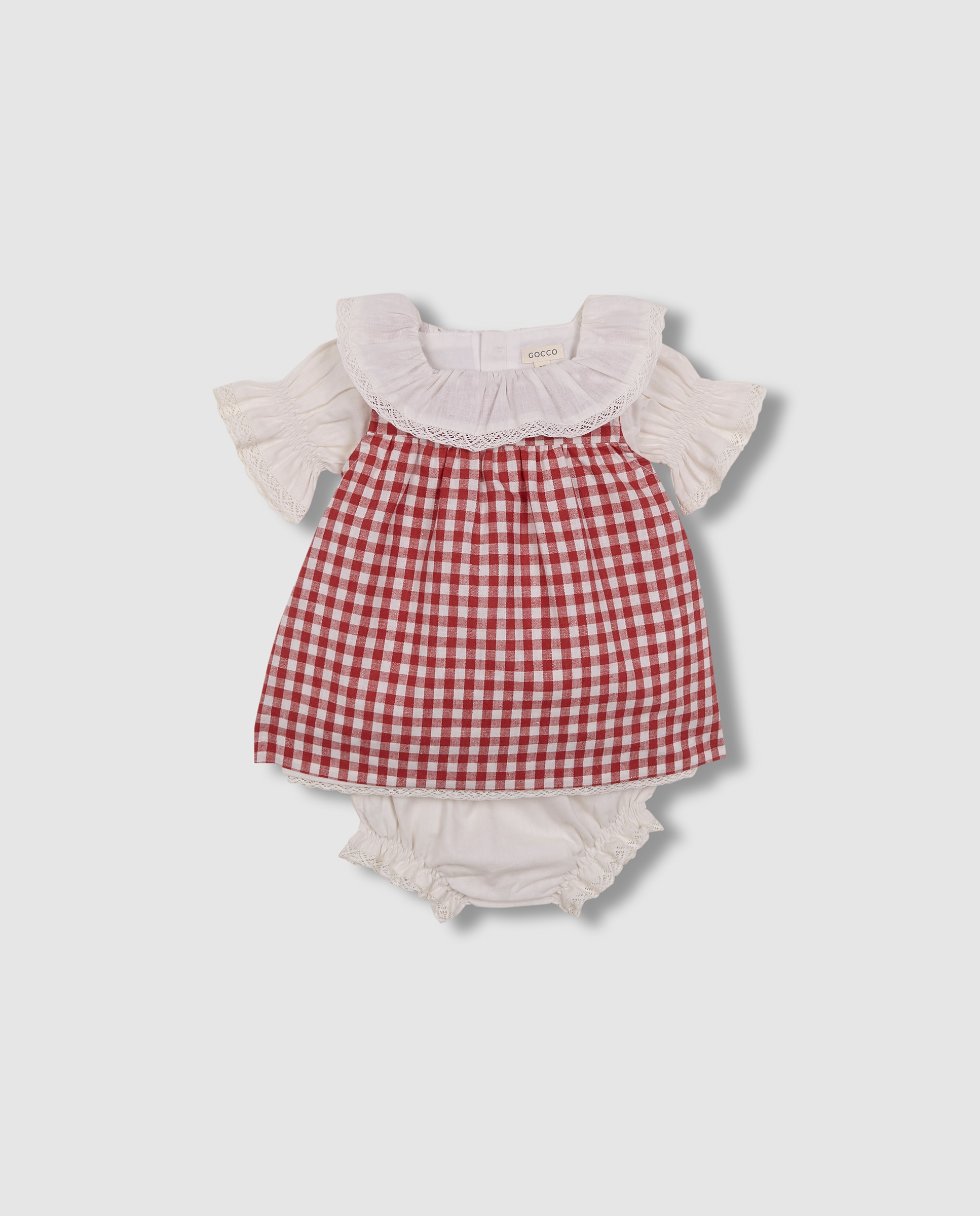 Vestido para Bebé de Linho em Cru com Avental Aos Quadrados Gocco Branco-marfim-3
