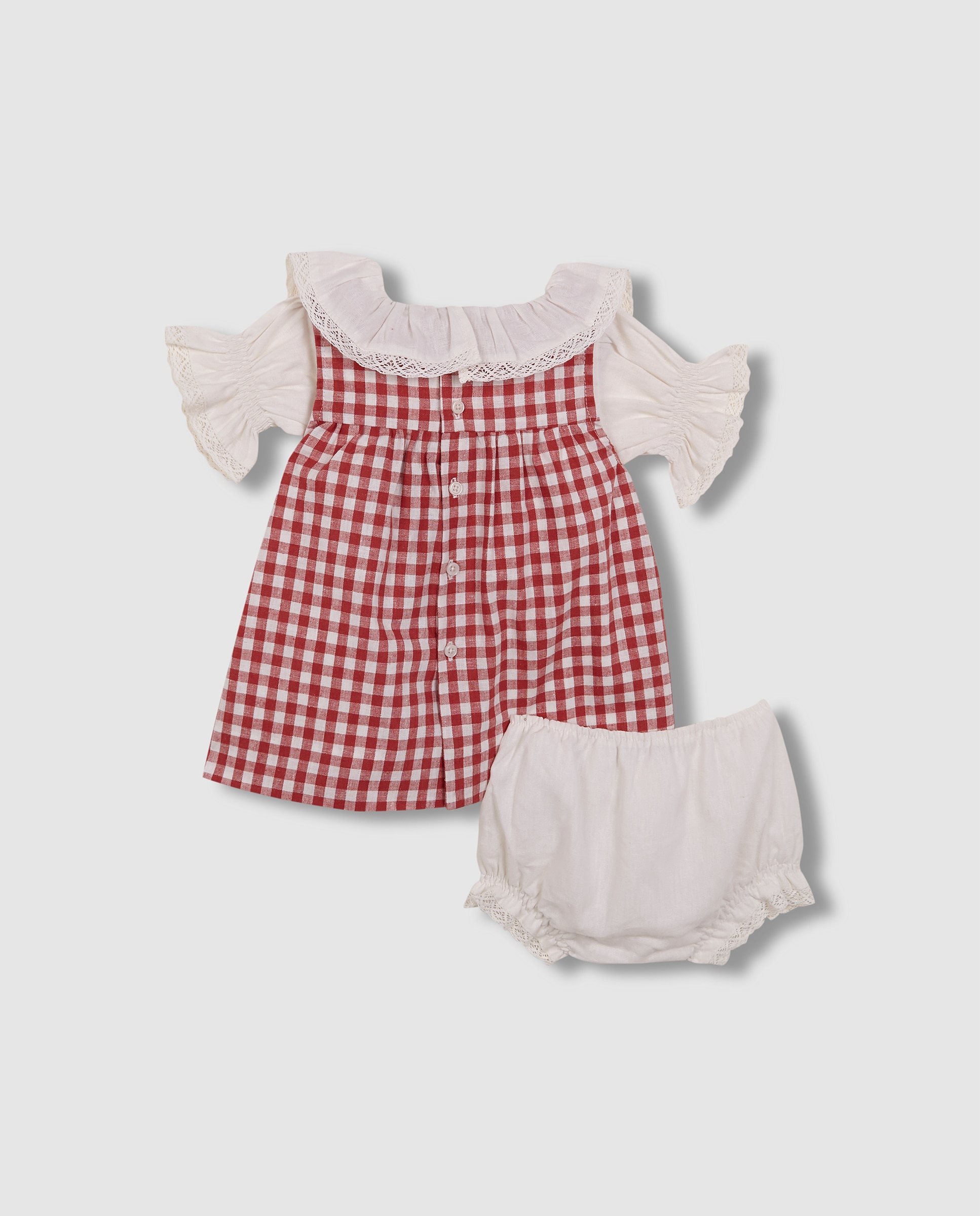 Vestido para Bebé de Linho em Cru com Avental Aos Quadrados Gocco Branco-marfim-4