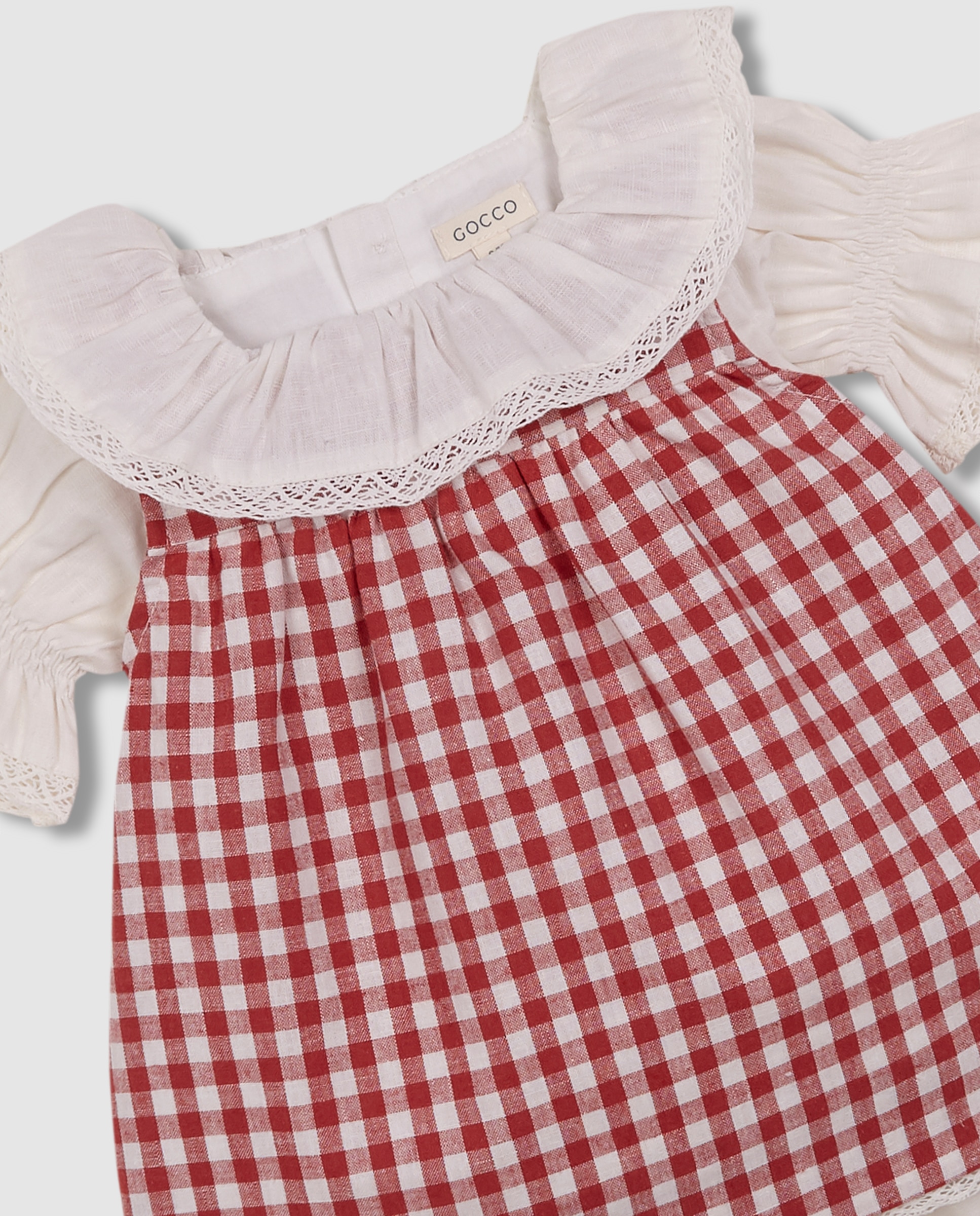 Vestido para Bebé de Linho em Cru com Avental Aos Quadrados Gocco Branco-marfim-5