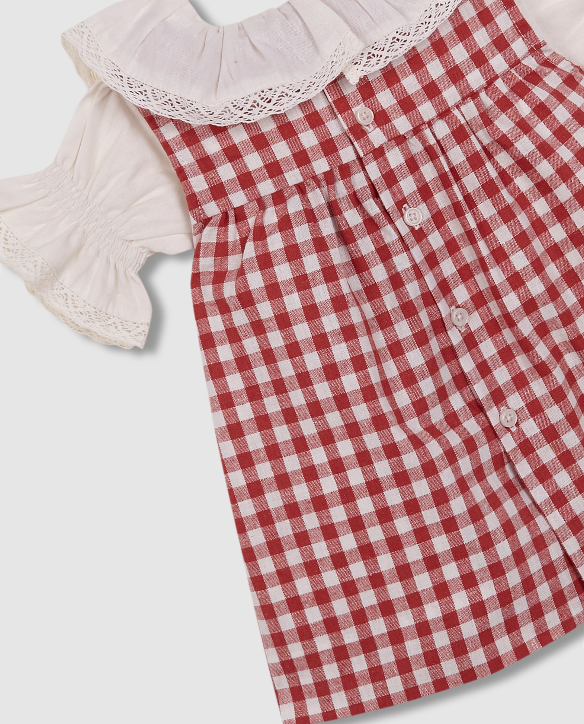 Vestido para Bebé de Linho em Cru com Avental Aos Quadrados Gocco Branco-marfim-6