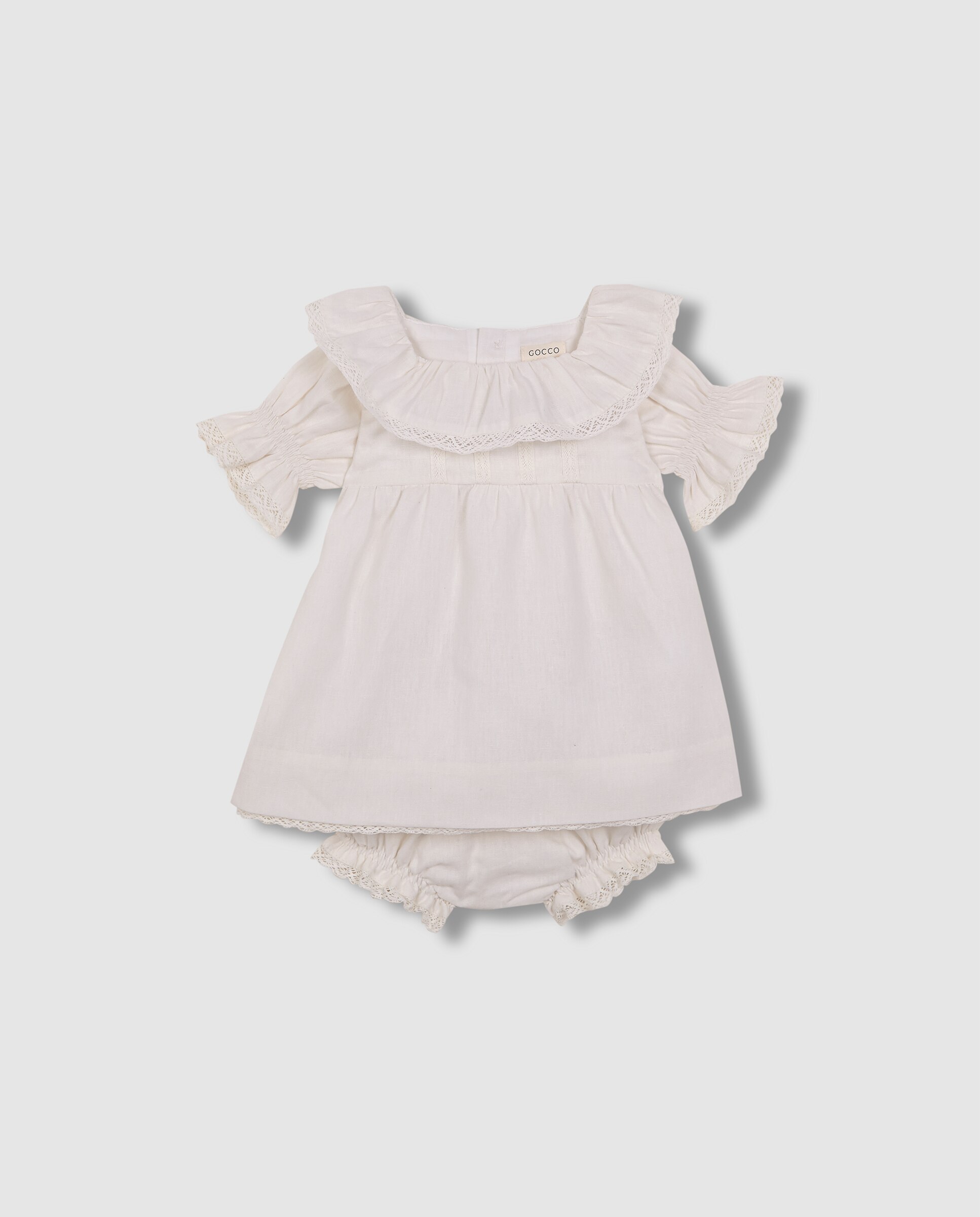 Vestido para Bebé de Linho em Cru com Avental Aos Quadrados Gocco Branco-marfim-7
