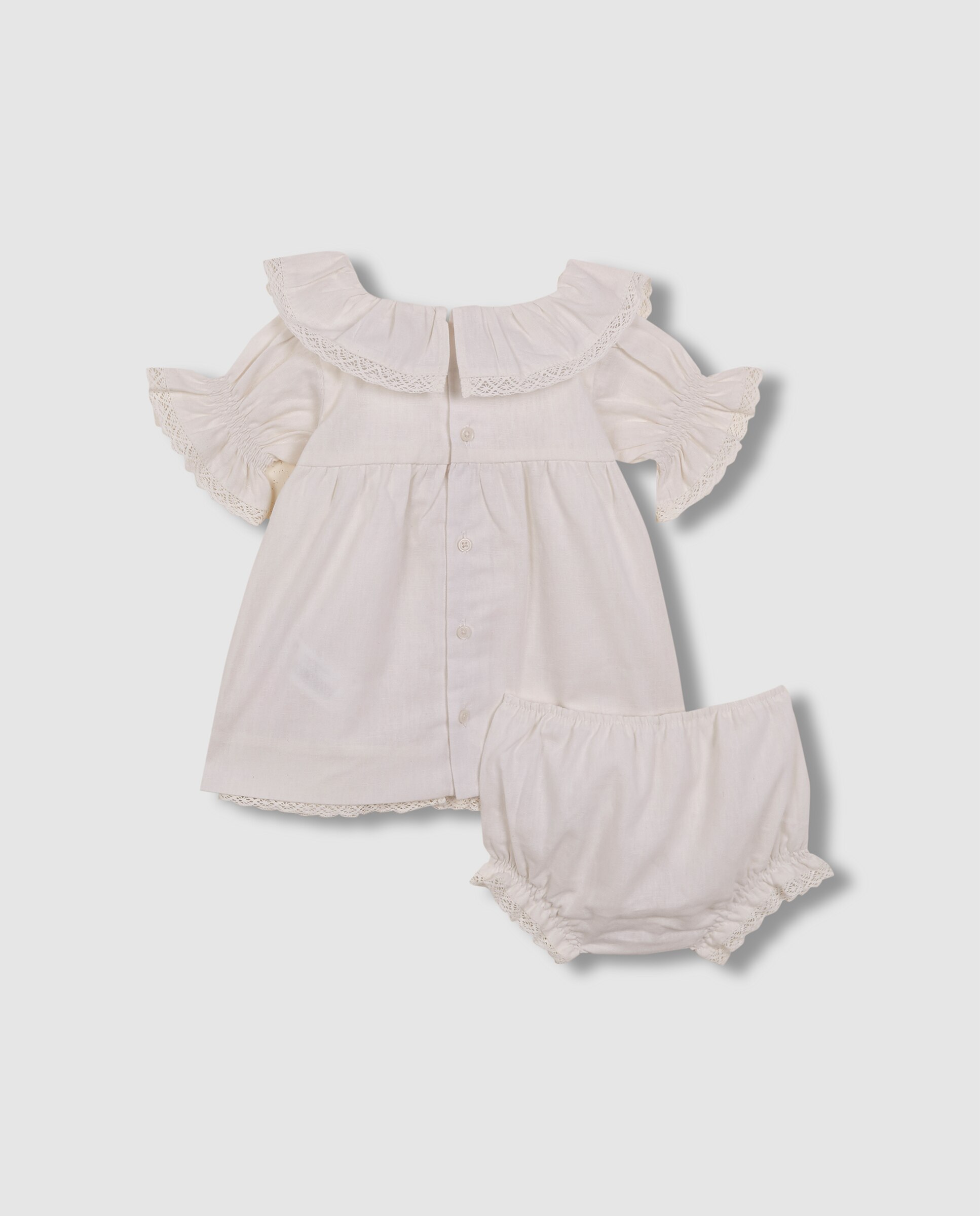 Vestido para Bebé de Linho em Cru com Avental Aos Quadrados Gocco Branco-marfim-8