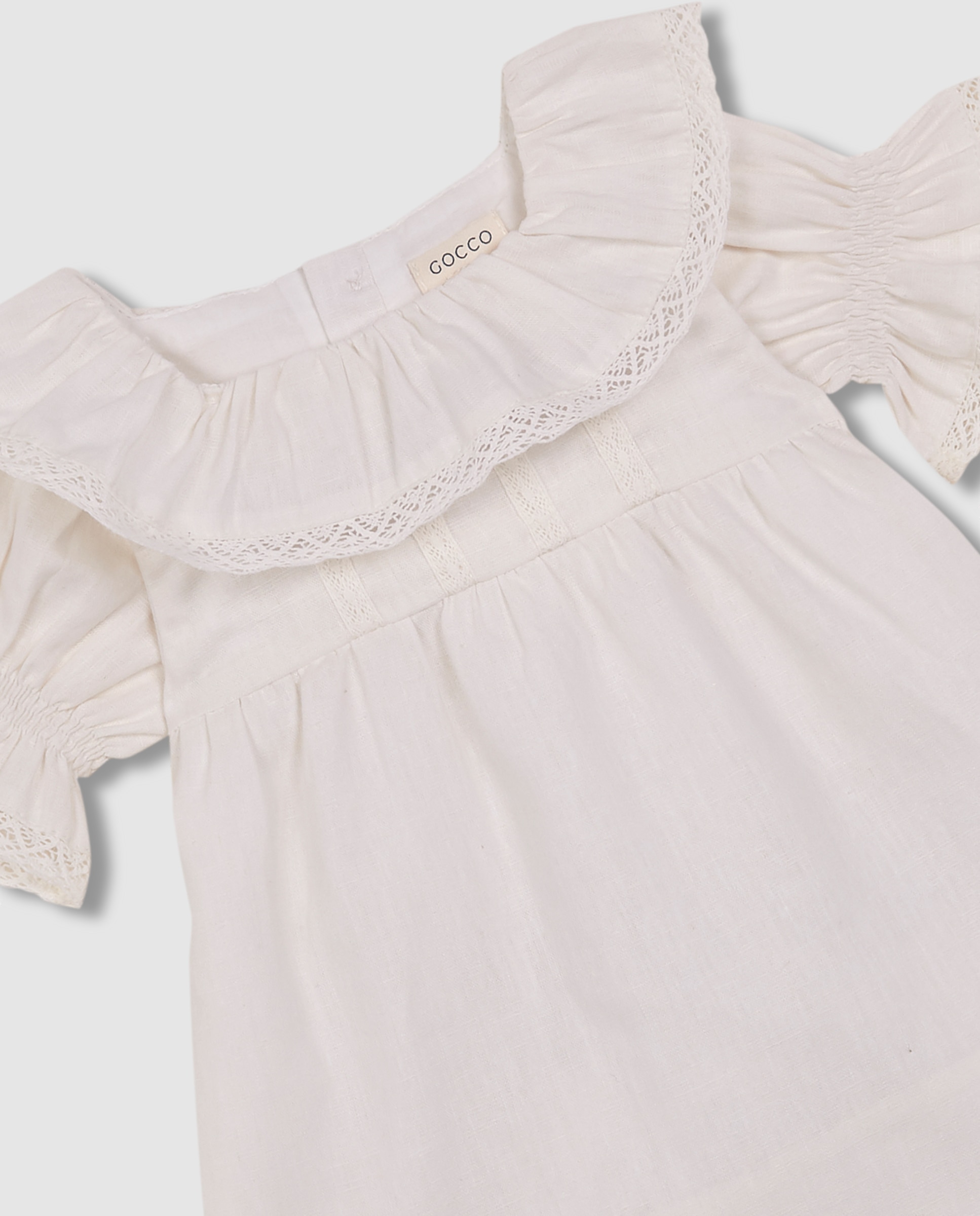 Vestido para Bebé de Linho em Cru com Avental Aos Quadrados Gocco Branco-marfim-9