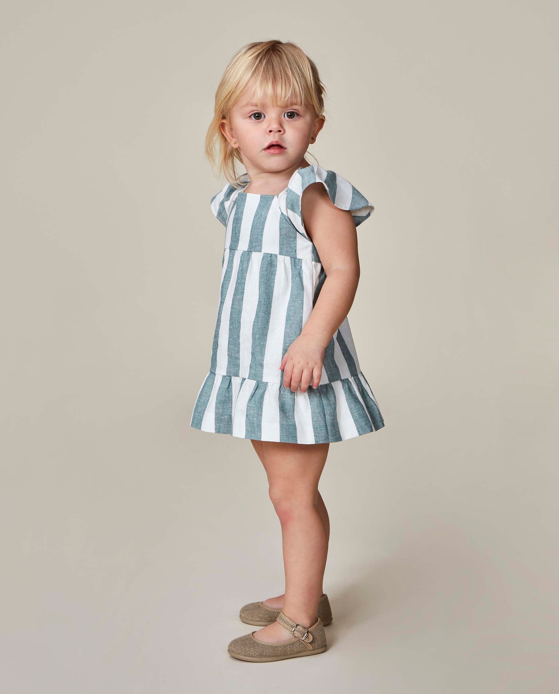 Vestido para Bebé em Linho Às Riscas Gocco Verde-claro-2