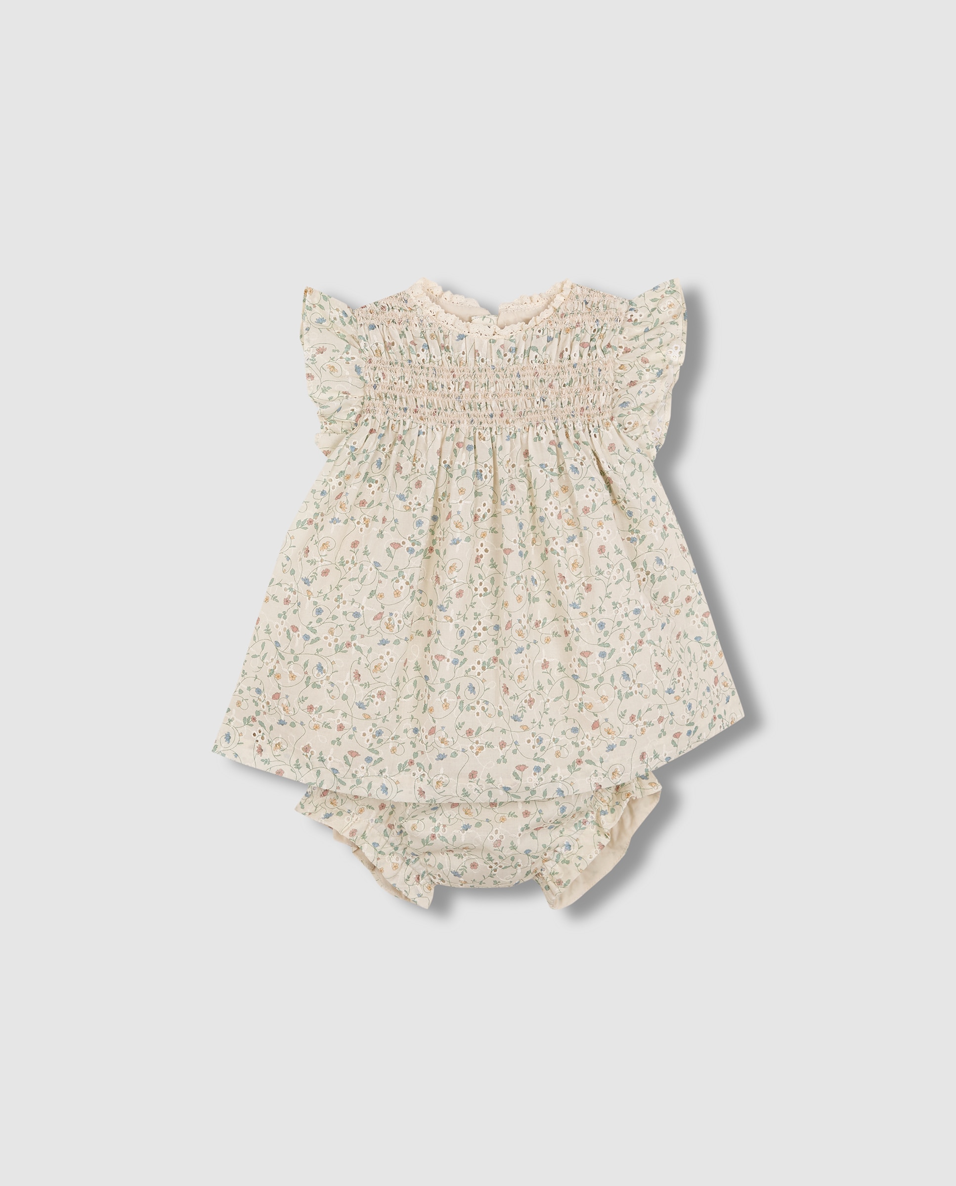 Vestido para Bebé de Flores com Smock Gocco Bege-3