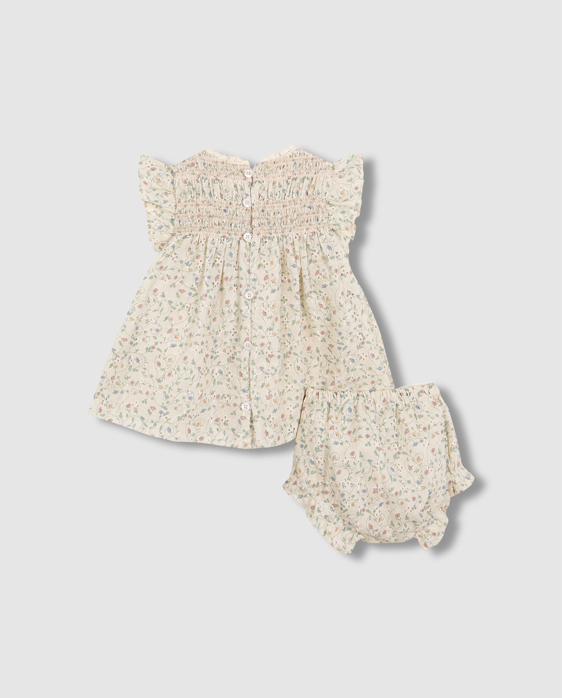 Vestido para Bebé de Flores com Smock Gocco Bege-4