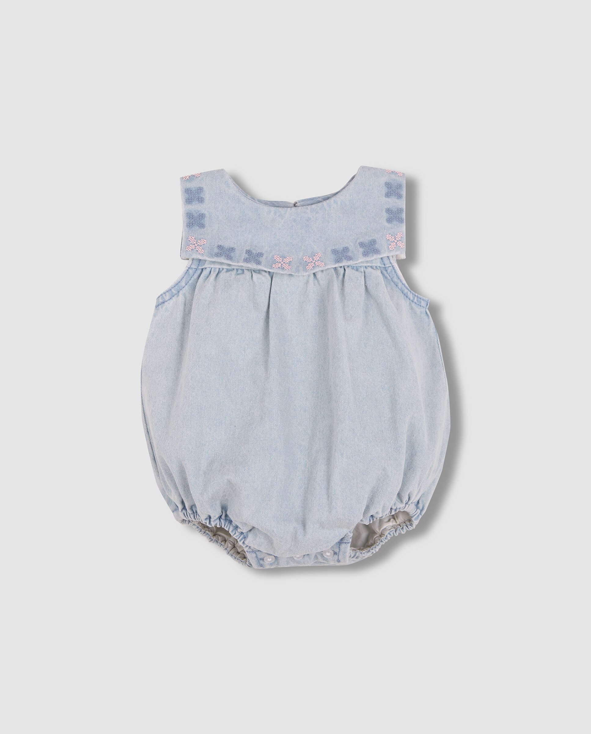Macacão Curto para Bebé Denim com Bordados Azul-ganga-3