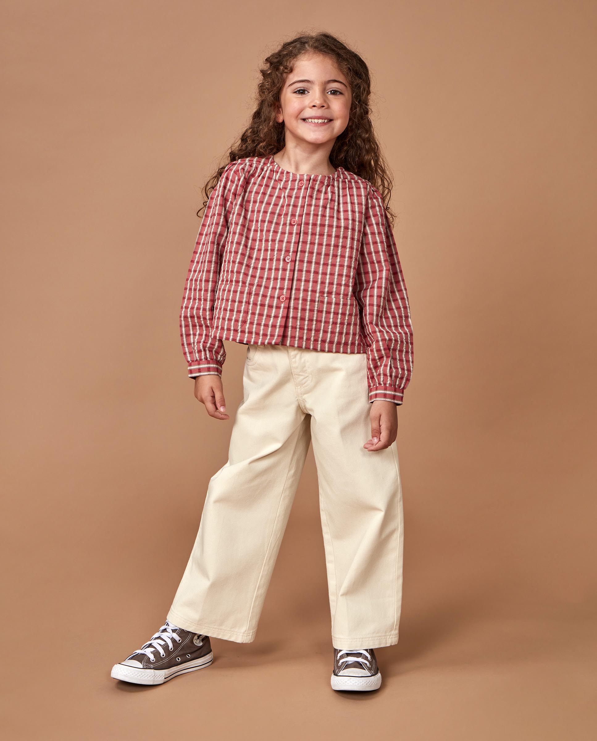 Camisa Aos Quadrados com Bordados Bege-2