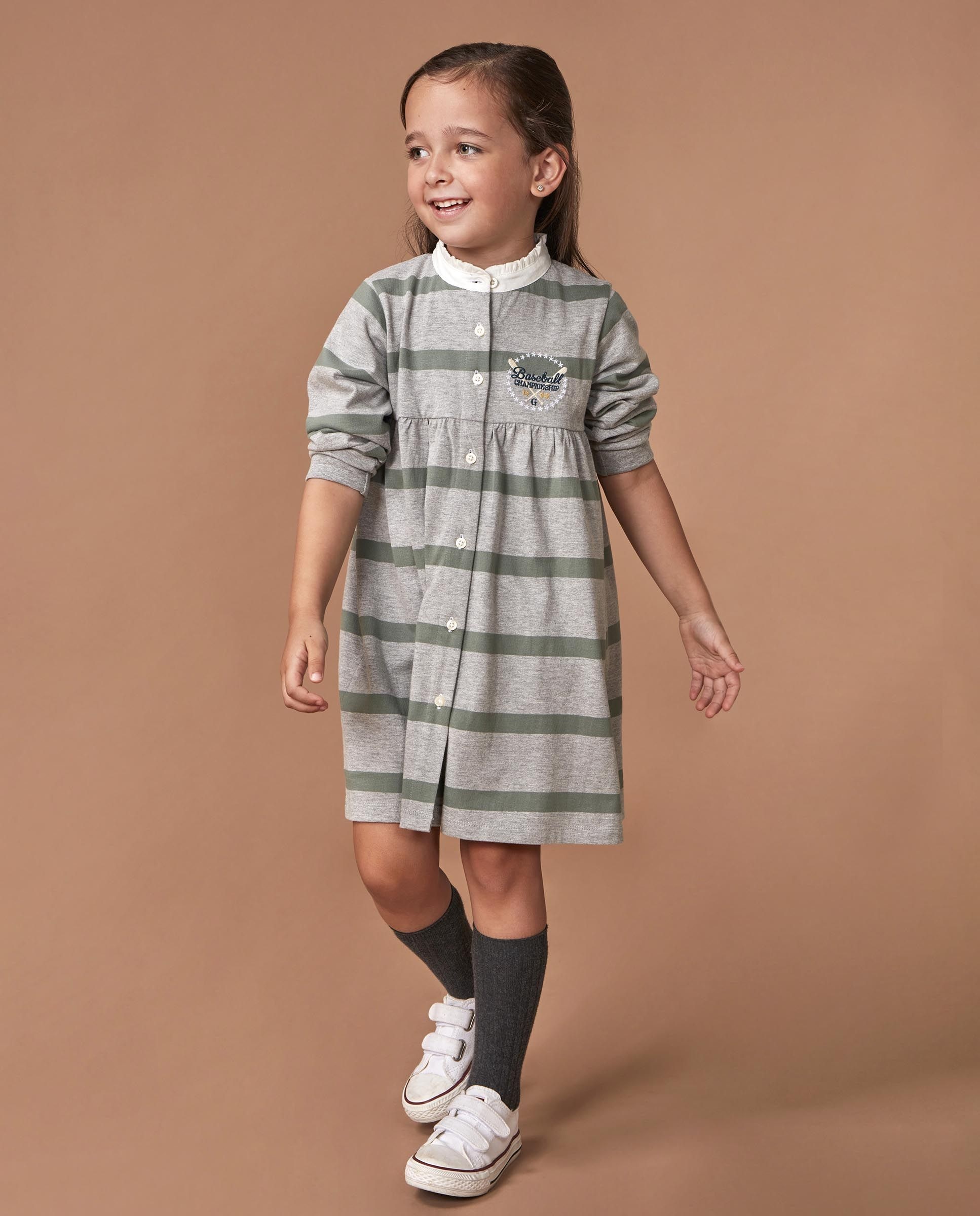 Vestido Polo Infantil Às Riscas com Bordado Cinzento-2