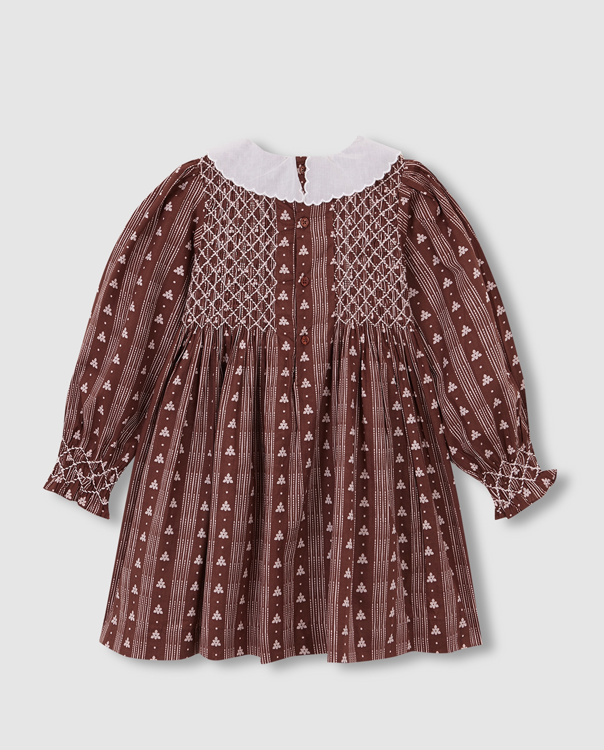 Vestido Infantil com Favo de Mel e Gola com Ondas Castanho-2