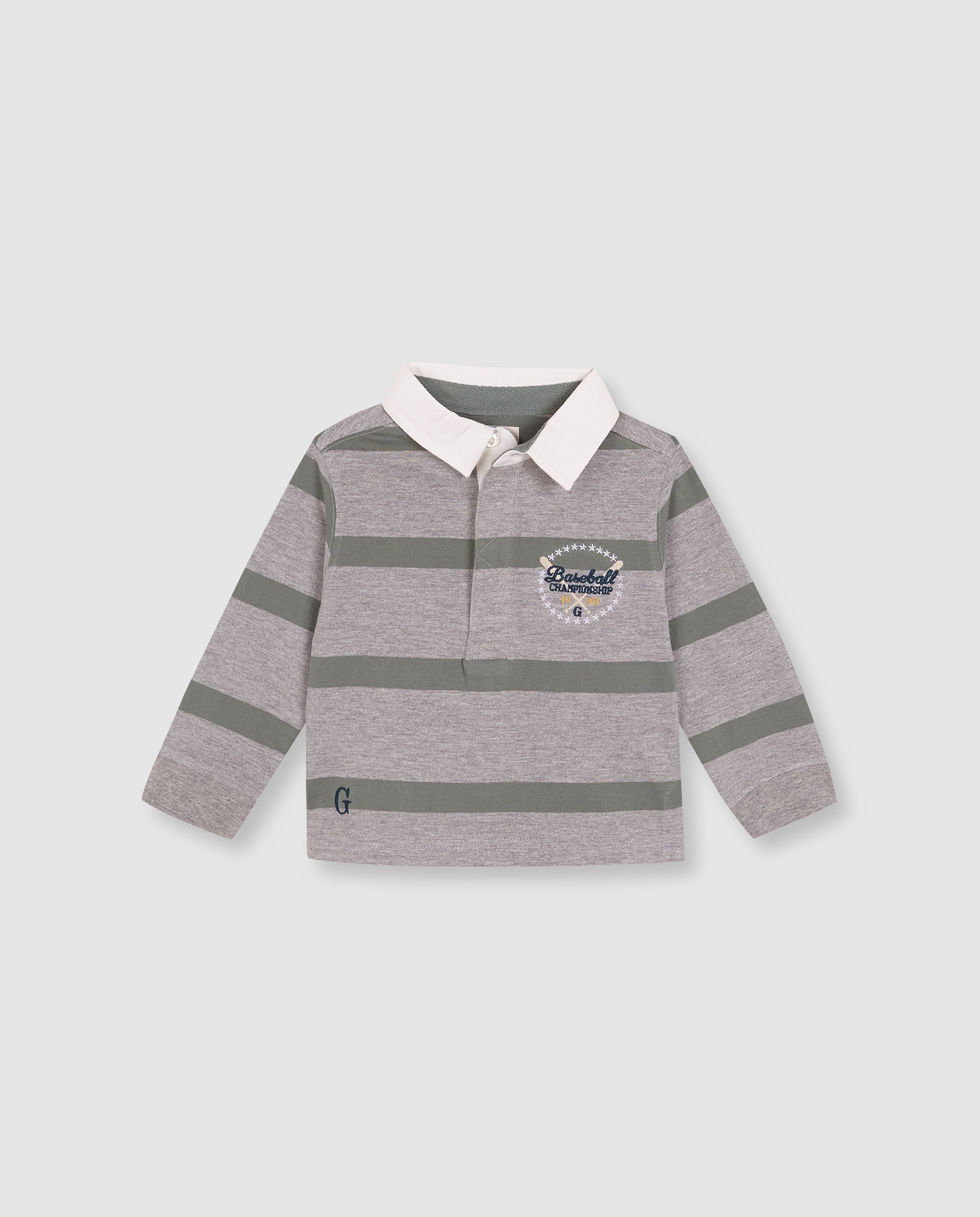 Polo para Bebé com Bordado e Gola de Sarja Cinzento-3