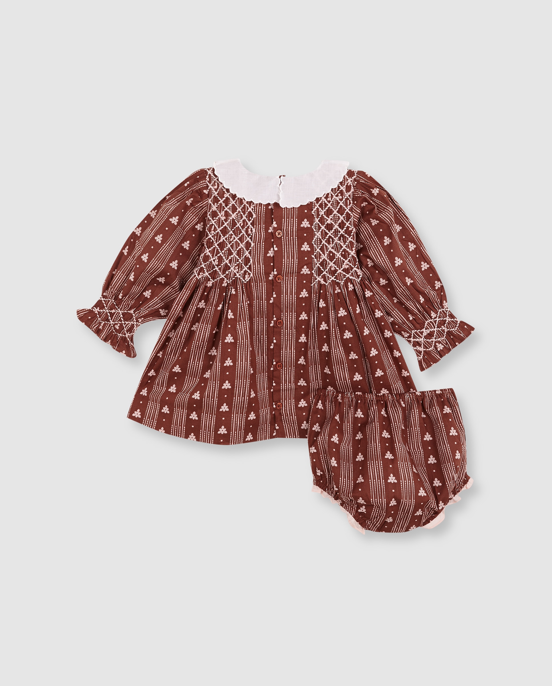 Vestido para Bebé Estampado com Favo de Mel Castanho-2