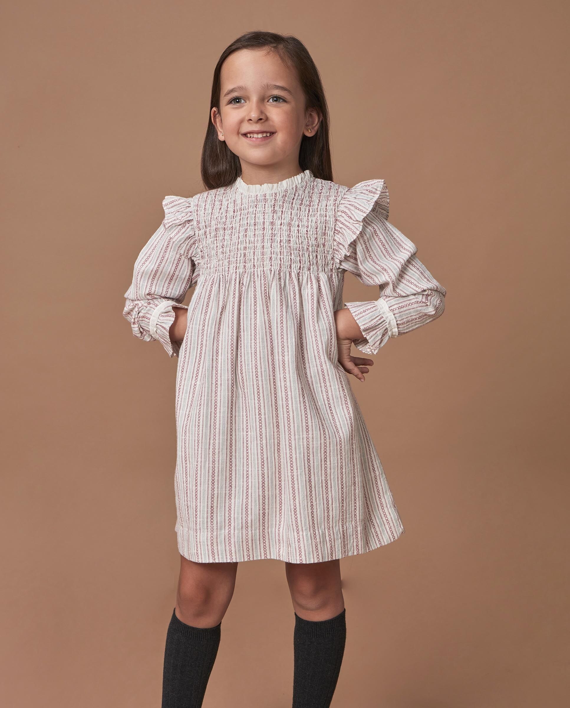 Vestido Infantil Às Riscas com Folhos Branco-2