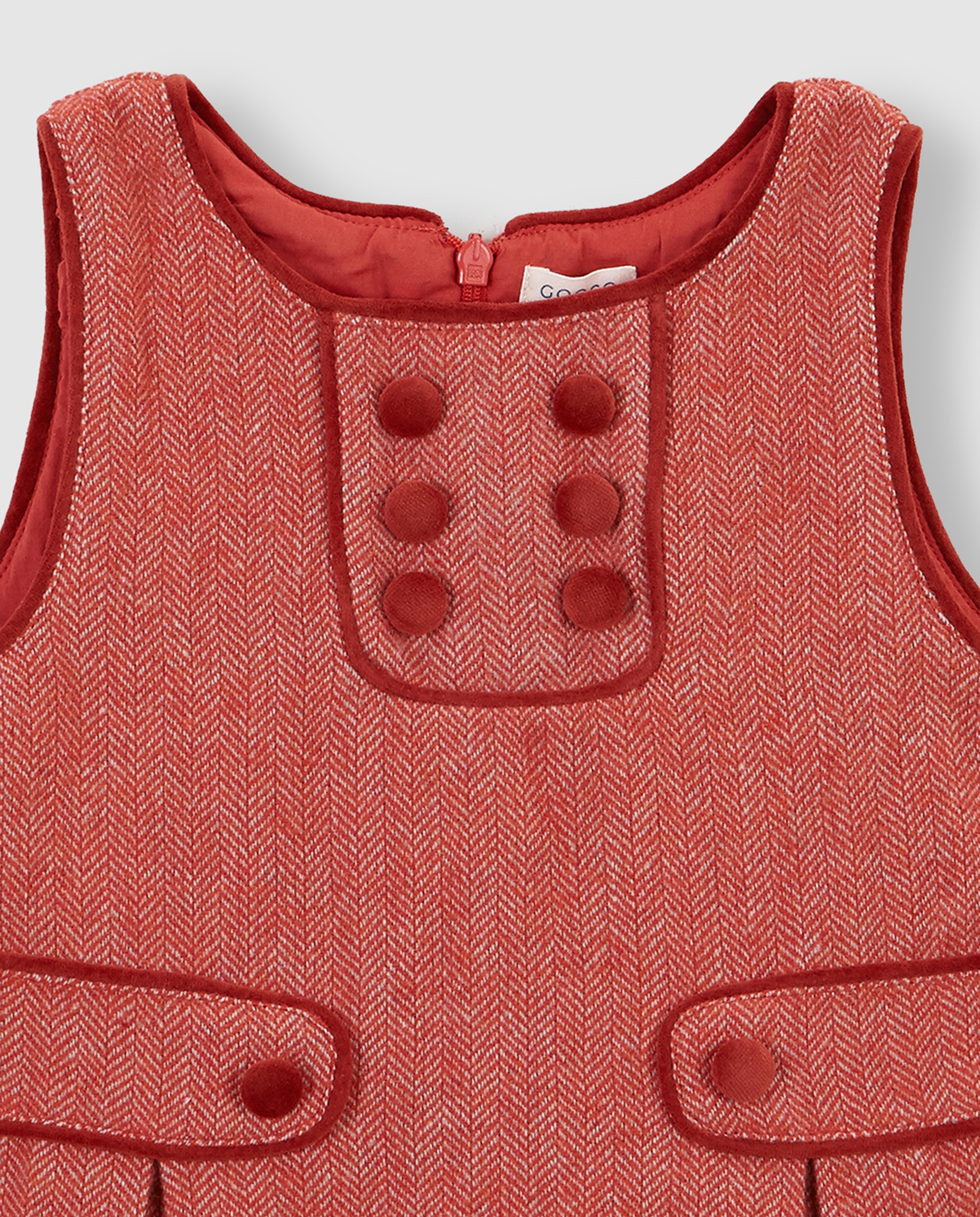 Vestido Curto Infantil de Espiga com Detalhes de Veludo Laranja-3