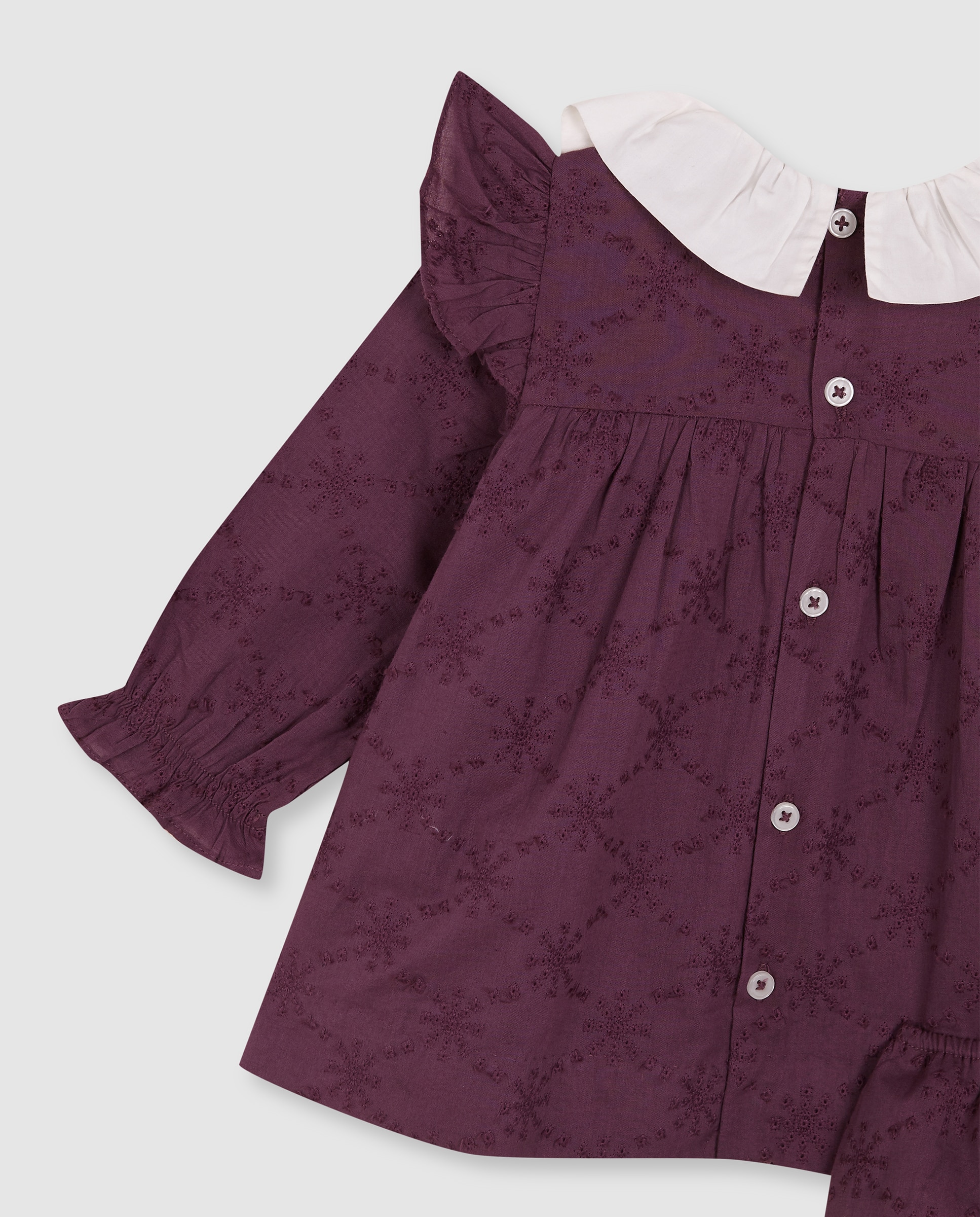 Vestido para Bebé Perfurado com Gola de Folho Roxo-4