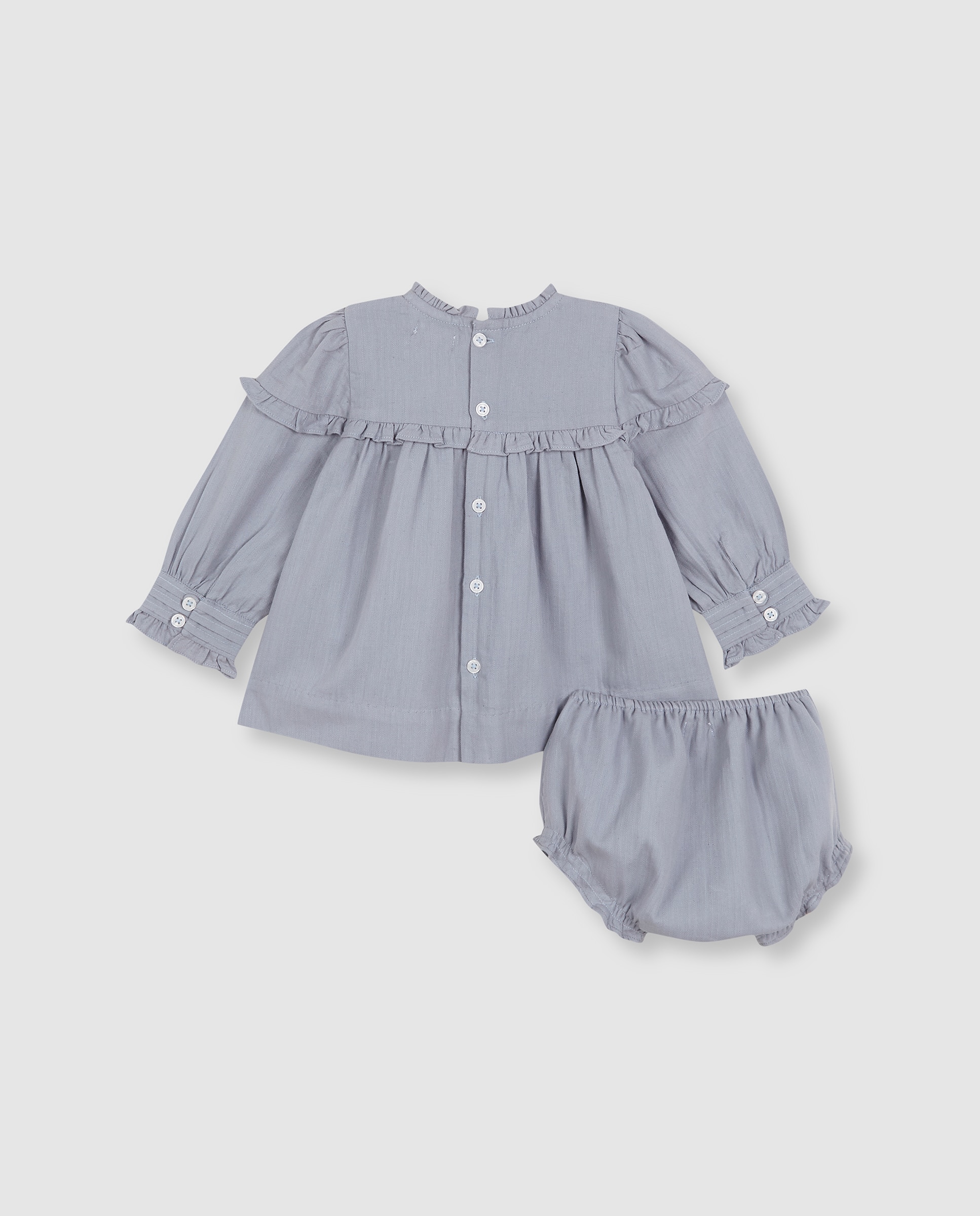 Vestido para Bebé com Bordados e Folhos Azul-2