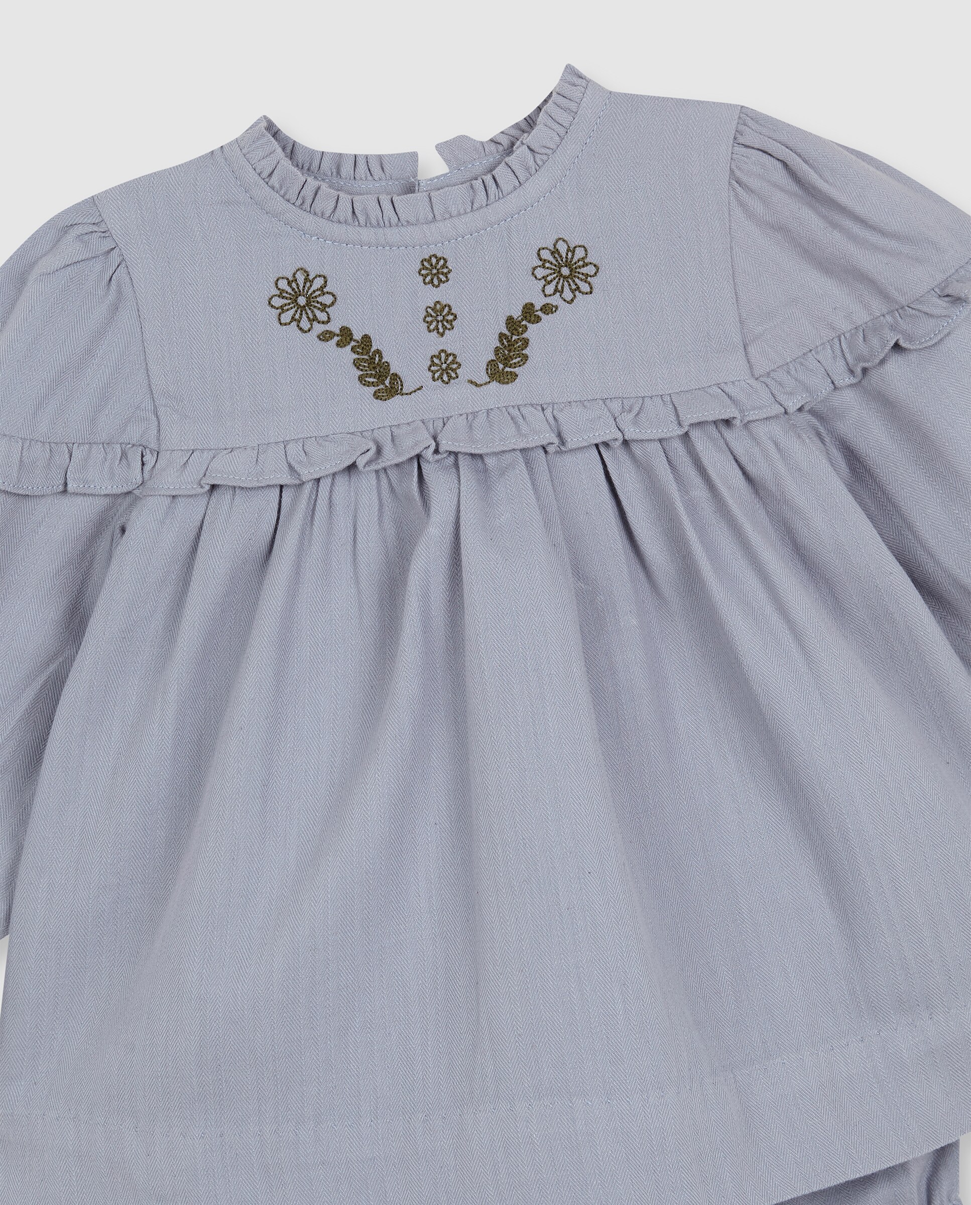 Vestido para Bebé com Bordados e Folhos Azul-3