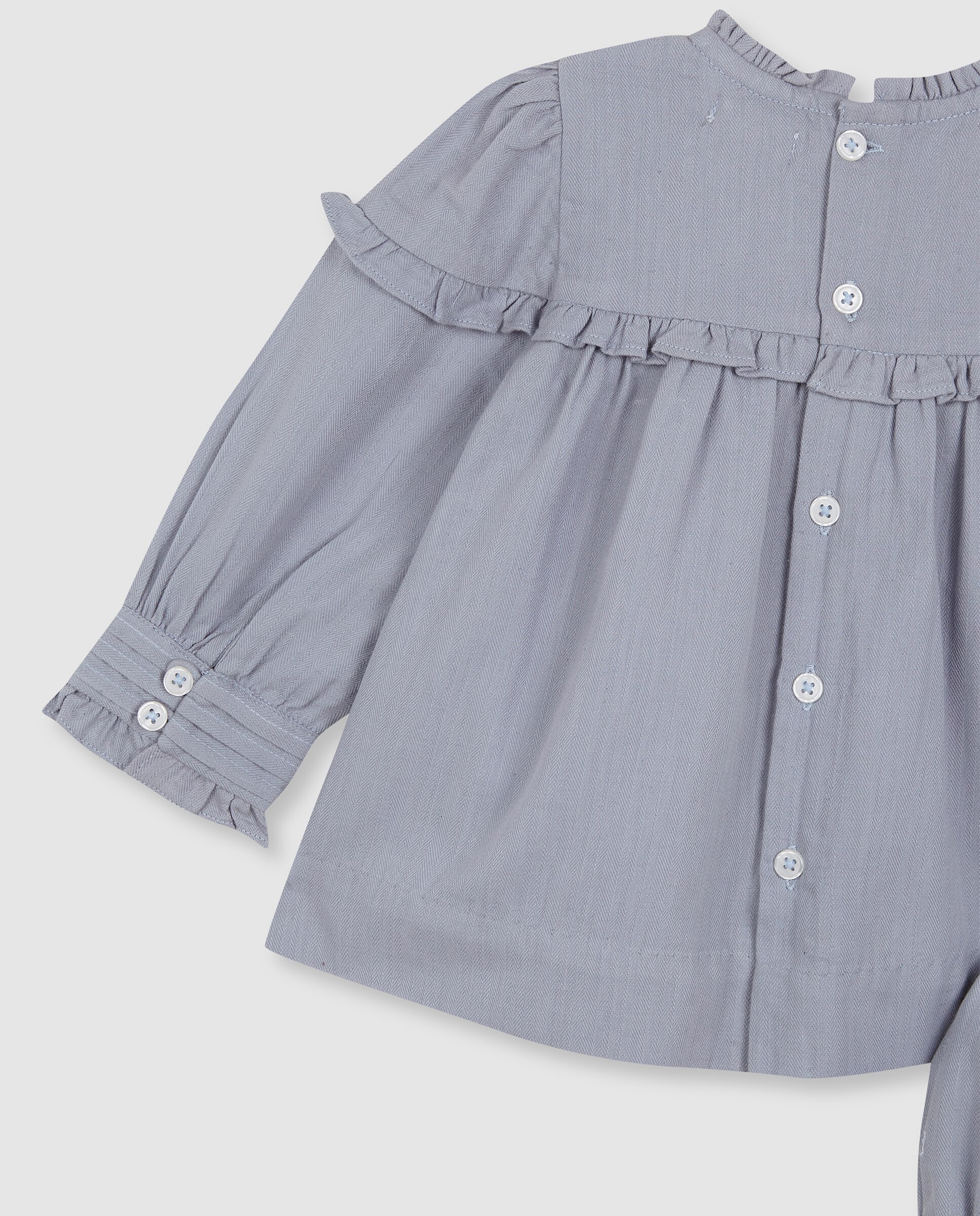 Vestido para Bebé com Bordados e Folhos Azul-4