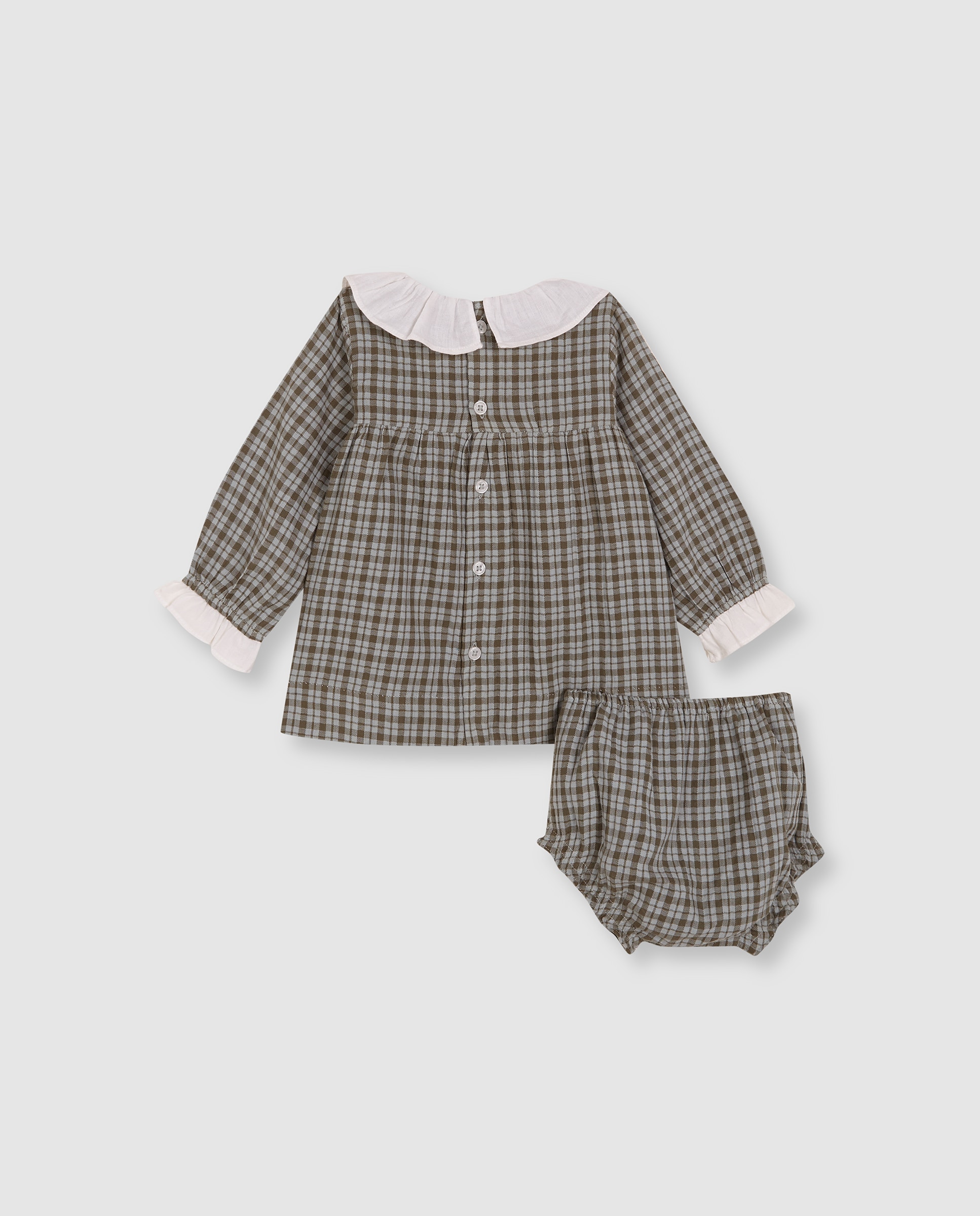 Vestido para Bebé Aos Quadrados com Folhos Cinzento-claro-2